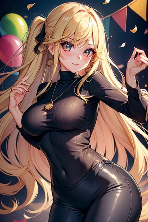 (masterpiece, best quality, high resolution, 8k), cowboy shot, BREAK, girl  style anime, well defined eyes, high definition eyes, perfect body, perfect anatomy, eyelashes and black shadow under the eyes, detailed, round eyes with eyelashes and highlighted eye shadow, BREAK,  alluring eyes , beautiful face , crystal green ligth eyes , long hair , jinx hair, women (medium wavy hair, bangs, Blonde hair)),  ((detailed face, blush:1.2)), medium breasts, angle dynamic, perfect body, ((red turtleneck sweater、brwon Tight dress pants, cute necklace、earrings、)), top grade、Shy smile, ((((dancing among a lot people))))  at a house party with colorful balloons and confetti and people.