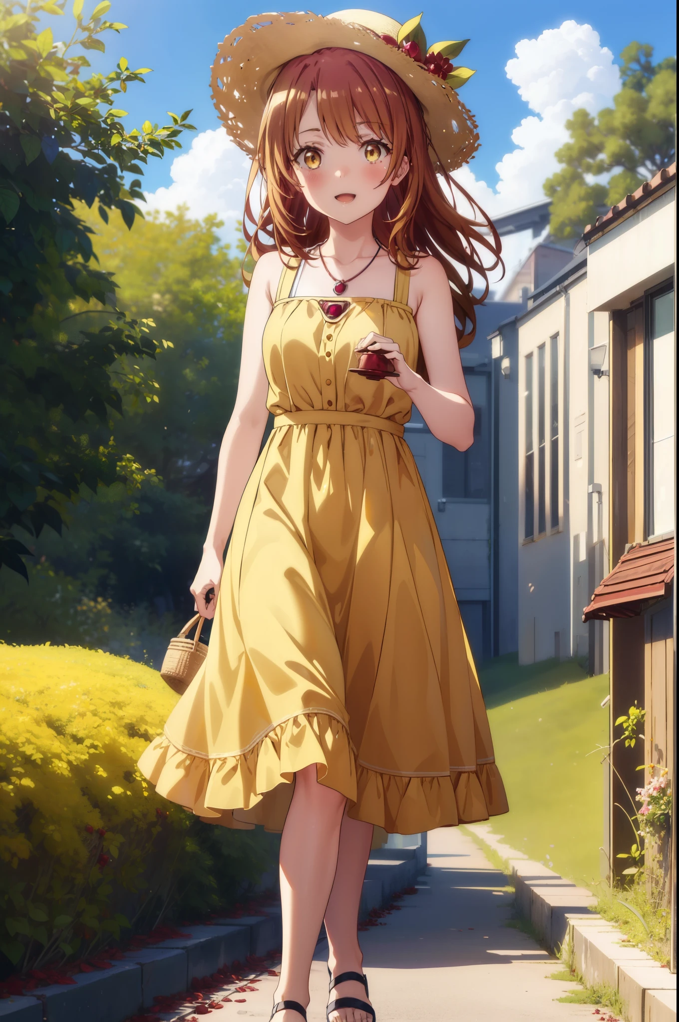 irohaisshiki, Isshiki Iroha, Long Hair, Brown Hair, (Brown ruby eyes:1.5), Sleeveless yellow dress,Yellow long skirt,Bare neck,Locket Necklace,Cute Sandals,Straw hat,happy smile, smile, Open your mouth,Daytime,Clear skies,True Summer,whole bodyがイラストに入るように,Walking,
break outdoors ,garden,crowd, people々々,
break looking at viewer,whole body,
break (masterpiece:1.2), highest quality, High resolution, unity 8k wallpaper, (shape:0.8), (Beautiful and detailed:1.6), Highly detailed face, Perfect lighting, Highly detailed CG, (Perfect hands, Perfect Anatomy),