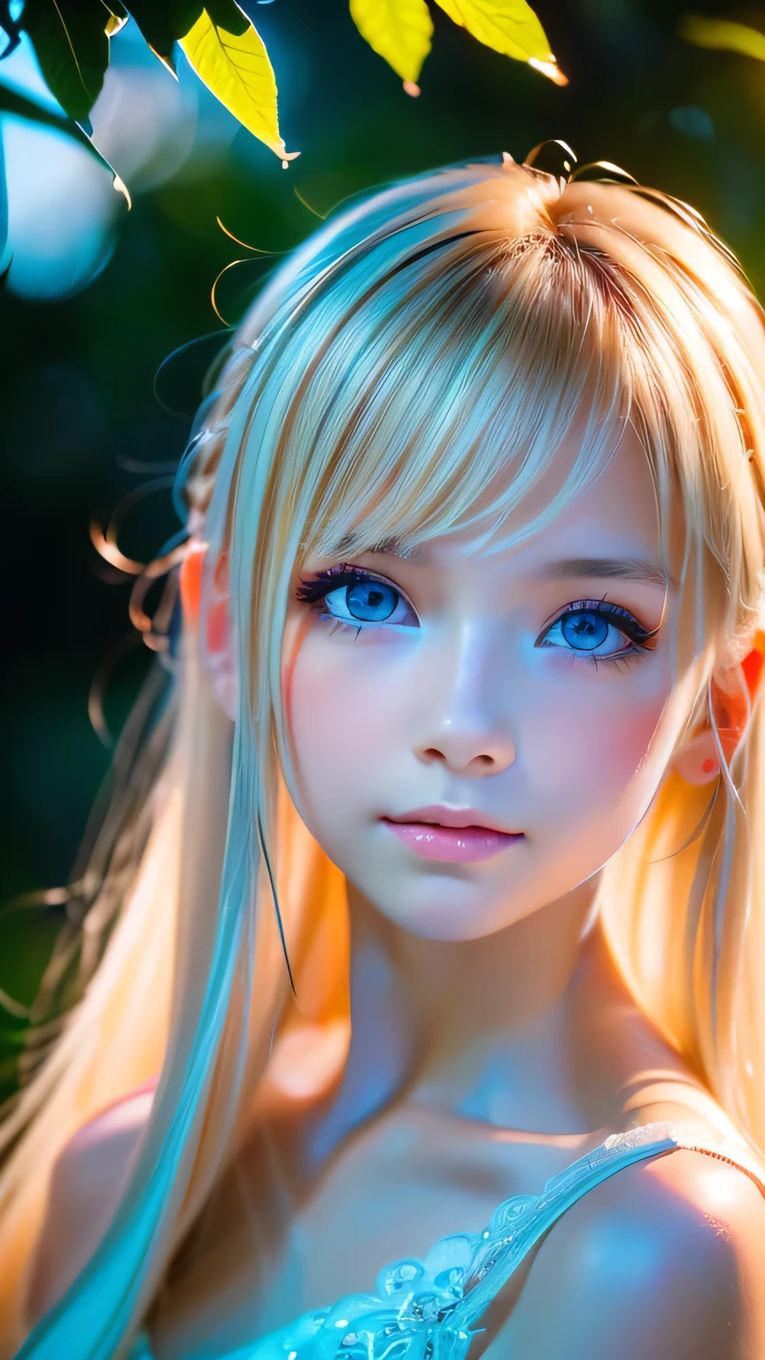 night, Raw photo, (((Very beautiful portrait))), (Glowing Skin)), 1 girl, 16 year old beautiful girl from Prague, (((Natural platinum blonde hair)), [Bright Blue Eyes], Super long hair, eyeliner, Fluttering Hair, bangs over eyes、Vibrant, ((masterpiece, 最high quality, Ultra Detail, Cinematic Light, Intricate details, High resolution, 8K, Very detailed)), Detail Background, 8K uhd, Digital single-lens reflex camera, Soft lighting, high quality, Film Grain, Fujifilm XT3, Shallow depth of field, Natural light, (Perfect hands), Perfect Face, View from afar、Small Face Beauty、