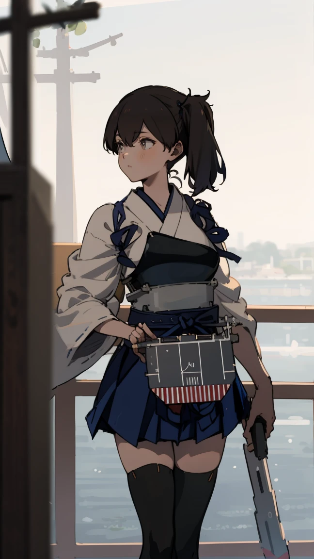 (masterpiece, highest quality) detailed, kaga (kancolle), {{kaga kai ni (kancolle)}}, side ponytail, brown eyes, black long hair, black thighhighs, short skirt, hakama skirt, japanese clothes, , blue hakama, hakama, muneate, tasuki, whole body,Chinese element pattern,thigh,Japanese bow, bow, nsfw