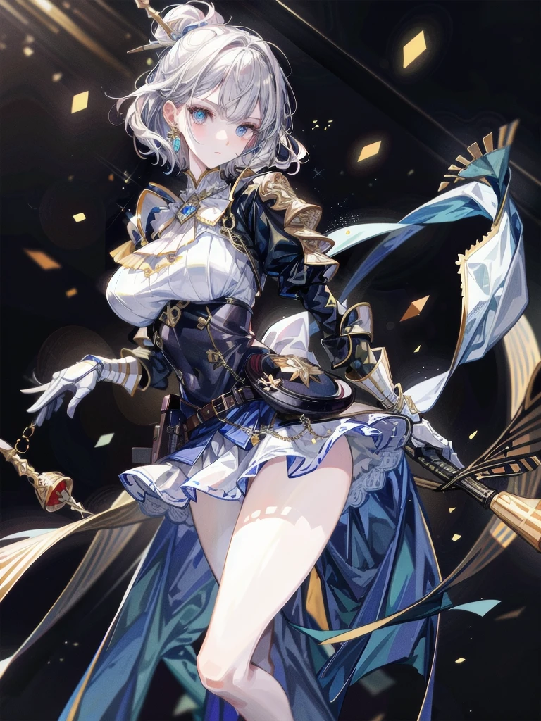 absurdres, RAW photo, extremely delicate and beautiful, masterpiece, Best Quality, ultra high resolution, 32k, hyperrealistic, ultra-detailed, detailed description, pale skin, 20 years old, delicate facial features, detailed beautiful face and eyes, tearful mole, earring, Colossal , short medium hair, wavy hair, (full body shot), halterneck blouse, skirt,