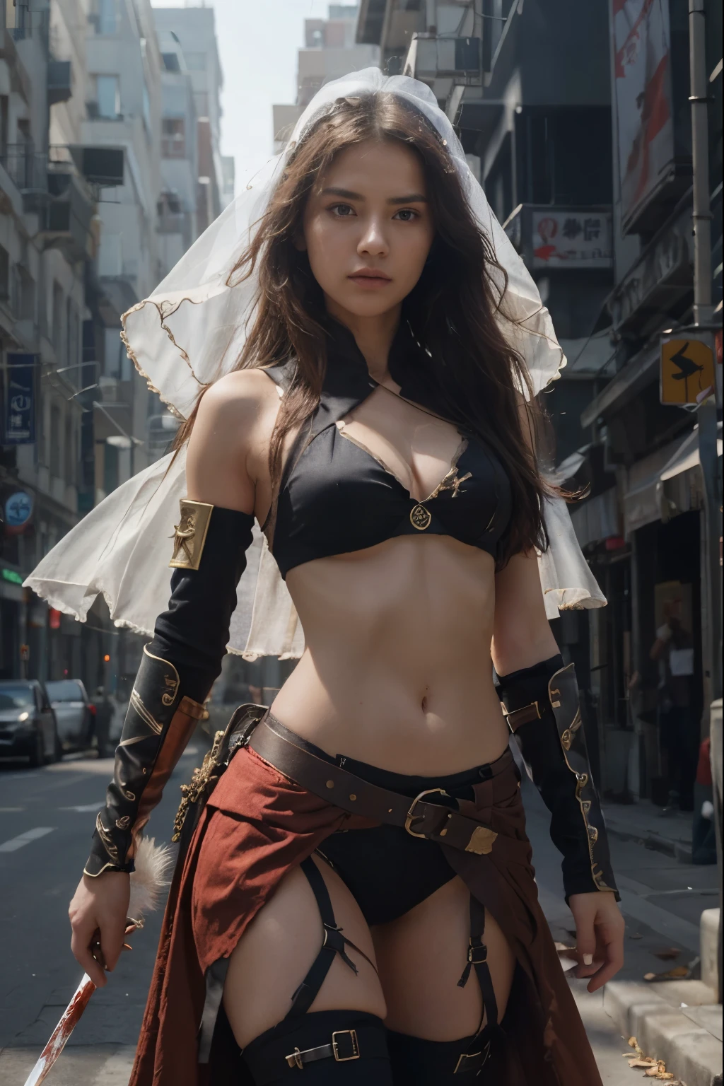 (Positive focus),(in the darkness nigth:1),(best qualtiy),(Fidelity:1),filmposter,realistic skin textures,highly detailed,8k wallpaper,Volumetriclighting,Dynamic Lighting,one-girl,cabelos preto e longos,horse tailed,Black Metal Armor,red waistband,Black armor,Shoulder blades,Waist Guard,Hand Guard,Wear a veil,Hold the long sword in front of you,Ancient Chinese wind,Fighting posture,Lots of blood,face with blood stains,Broken clothes,Ancient Chinese Battlefield,A group of ancient soldiers chased and killed,Arrows fly,There is a lot of war,the night,Dramatic composition,Sword qi surrounding,The picture is rich in detail,karo,Movie Lighting,(jiayi:1.5), closeup cleavage, tmasterpiece, best qualtiy, RAW photogr, realisticlying, the face, Incredibly Ridiculous res, depth of fields, A high resolution, ultra - detailed, finedetail, The is very detailed, Extremely detailed eyes and face, Sharp pupils, realistic pupil, tack sharp focus, cinmatic lighting,The shoulders have exposed skin,The belly button is exposed,The thighs of the legs are exposed,Sniper,A sharp eye as a sniper,A tomboyish beautiful girl,Her appearance is that of a peerless beauty.,Thin and lean body type,skinny,Small Bust,Flat Chest,Small breasts,Small waist,Thin pelvis,Thin legs,Thin legs,,small hip,Morning sun and strong sunlight,City in flames,ruins,