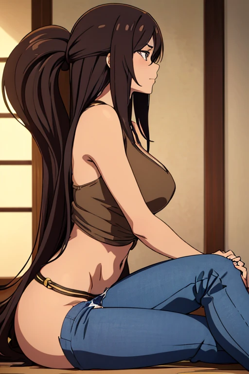 (detailed), perfect face, brown skin anime woman in a deep V-neck tied top, (bare shoulders), (jeans), (long hair), starving, (resting hands on the stomach), (hands on the stomach), (slim woman), (smooth and shiny skin), eyes closed, lying down, ((profile side view)), ((best quality)), ((masterpiece))