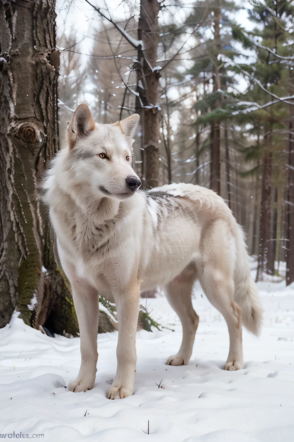 A giant white wolf , red eyes, thick coat, winter landscape, snow, forest, cold, detailed, beautiful
