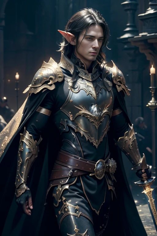 (master piece:1.5), (best quality:1.5), (exquisite lighting and shadow, highly dramatic picture, cinematic lens effect) (Photorealistic picture) highly detailed, realistic, cinematic lighting, studio quality, 8k, wallpaper, dynamic pose, anatomy correct, epic fantasy digital art, Epic composition, long dark black hair pale Male elf swordsman wearing a black leather armor, black intricate elaborated plate chest with gold leaf accents small shoulder armor, gold plate gauntlets, no helmet, long black cape, dark night background, castle at the distance
