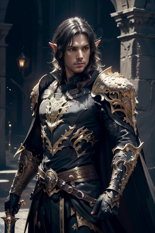 (master piece:1.5), (best quality:1.5), (exquisite lighting and shadow, highly dramatic picture, cinematic lens effect) (Photorealistic picture) highly detailed, realistic, cinematic lighting, studio quality, 8k, wallpaper, dynamic pose, anatomy correct, epic fantasy digital art, Epic composition, long dark black hair pale Male elf swordsman wearing a black leather armor, black intricate elaborated plate chest with gold leaf accents small shoulder armor, gold plate gauntlets, no helmet, long black cape, dark night background, castle at the distance
