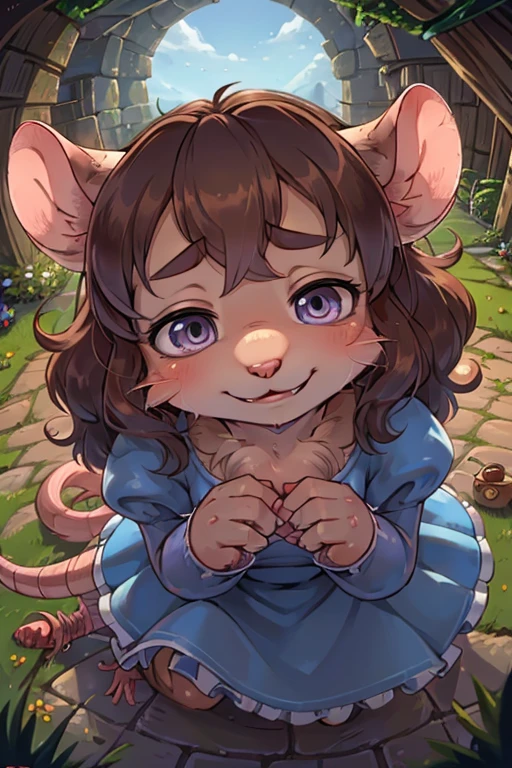 hairy rat princess , (realistic hairy rat fur:1.5) , round face , (tilt face:1.2) , (half-open eyes:1.5) , moist round eyes , Swollen cheeks , Seduction smile , glossy lips , Curly hair , princess dress , Alice in Wonderland , twilight , Adorable gestures , dynamic angle , nag factor , Gently guide , labyrinth , look of pain