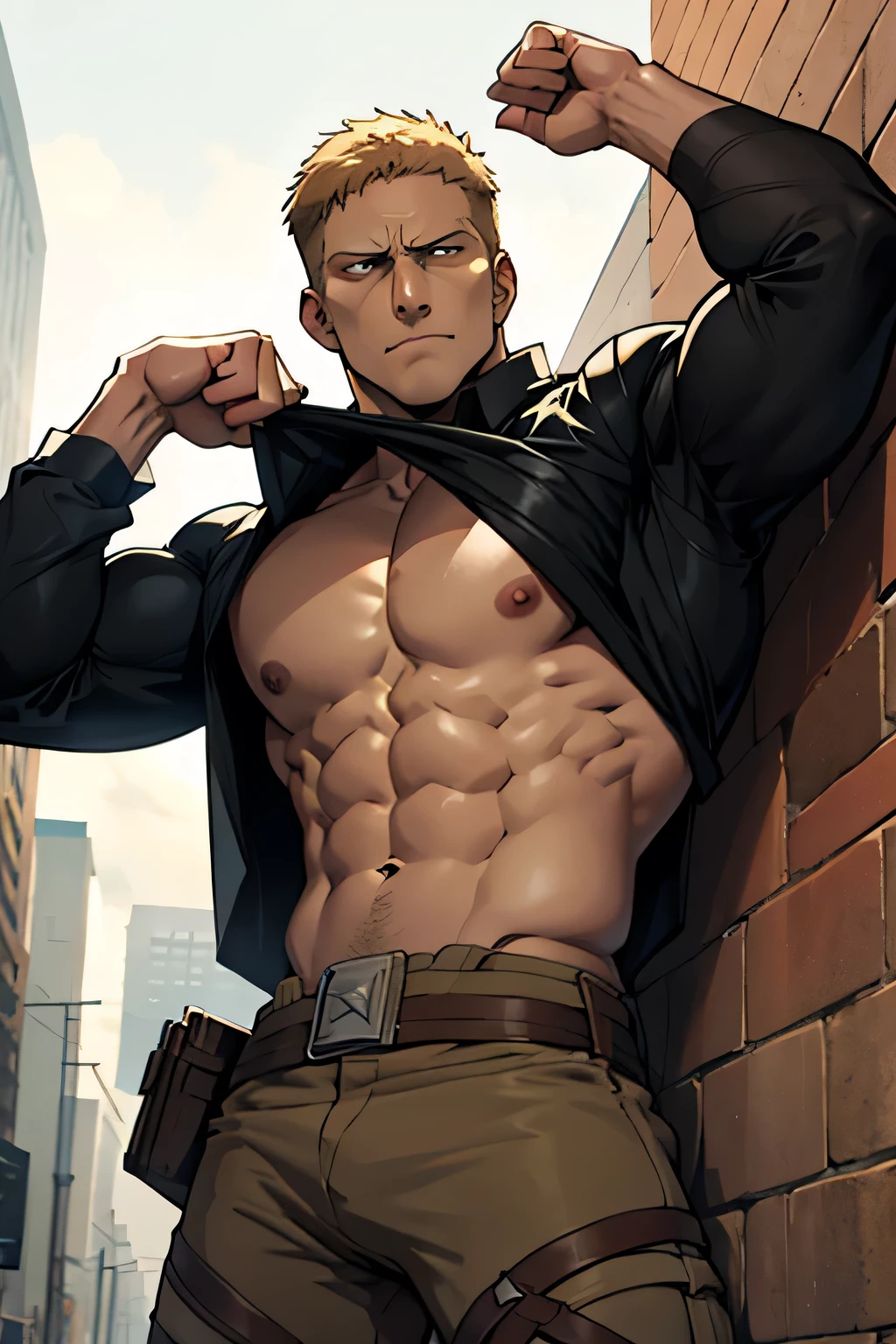 Reiner Braun from Attack on Titan is flexing his arms and abs while his black tshirt is lifted up