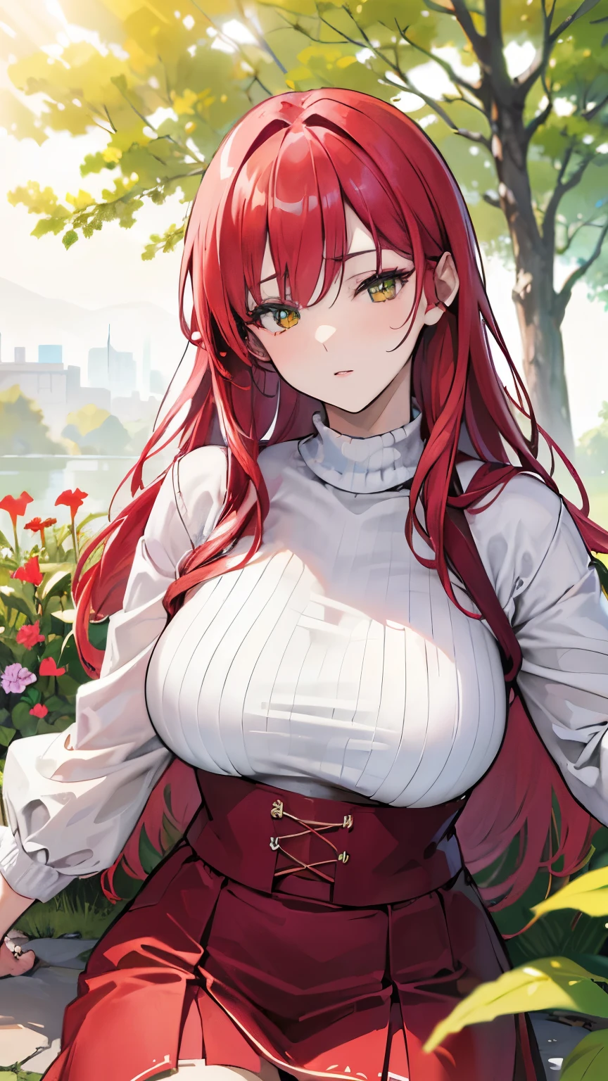 (best quality,4k,8k,highres,masterpiece:1.2),ultra-detailed,(realistic,photorealistic,photo-realistic:1.37),red haired girl,long hair,yellow eyes,platted skirt,knit top,portraits,soft lighting,vibrant colors,beautiful garden,green grass,blooming flowers,sunlight filtering through the trees,carefree expression,peaceful atmosphere anime girl.