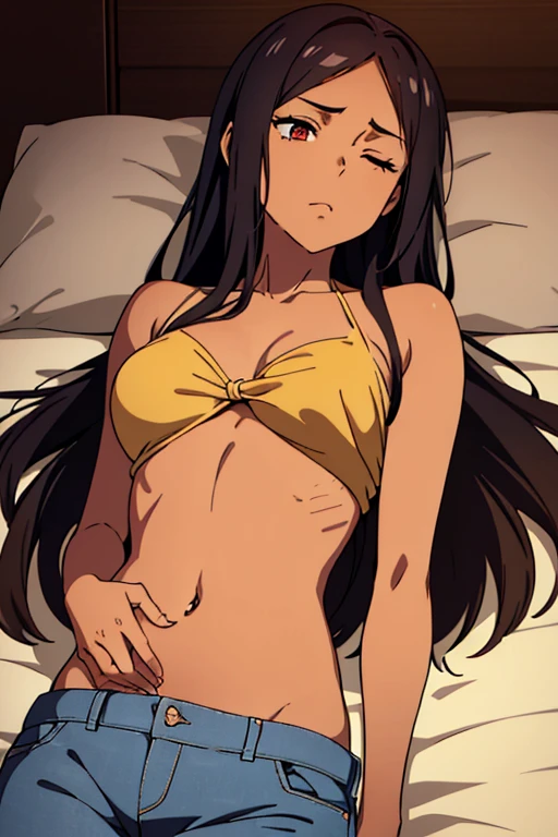 (detailed), perfect face, brown skin anime woman in a deep V-neck tied top, (bare shoulders), (jeans), (long hair), starving, (resting hands on the stomach), (hands on the stomach), (slim woman), (smooth and shiny skin), tired, eyes closed, lying down, ((best quality)), ((masterpiece))