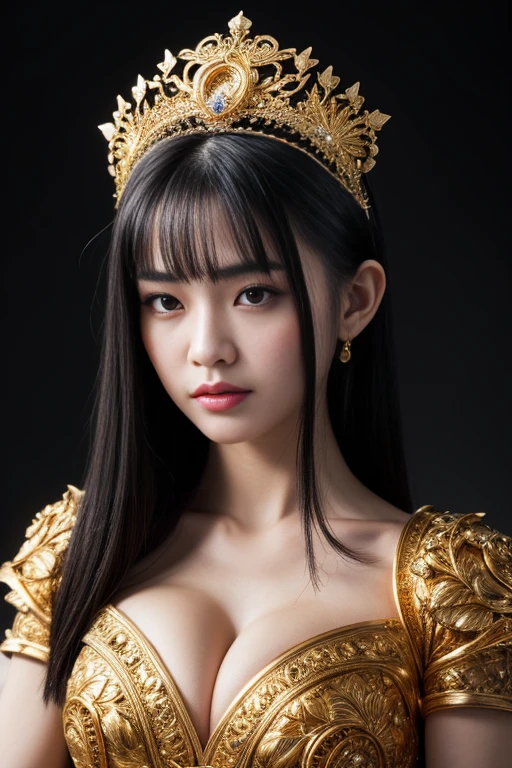 A meditation Goddes, detailed Thailand girl face, (extremely detailed intricate mechanical tiara :1.2), made from gold, (reflection:1.1), bright skins, (crossed arms), intricate detail, best quality, natural lighting, blue sky and clouds, long black hair, intricate attire, golden gears clothing, grinning, tilted head, bare navel, bright eyes, intricate hair, intricate clothing, puffed breasts, ample cleavage, ((full body shots)), dark theme background
