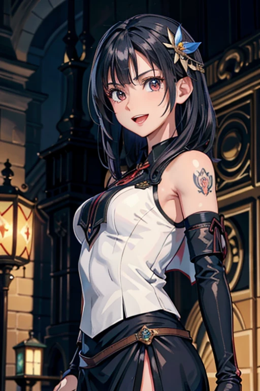 masterpiece, highest quality, One girl,Very detailed,Ukrainian facial structure,Rin々Nice face,Open Mouth Smile,Adventurer Uniform,Medieval Europe,Dynamic Action,Medium Hair,Show your armpits, Natural Beauty,Black eyes,European facial structure,The dignity of a hero,Small hair ornament,Mole under the right eye,tattoo,Holding a sword