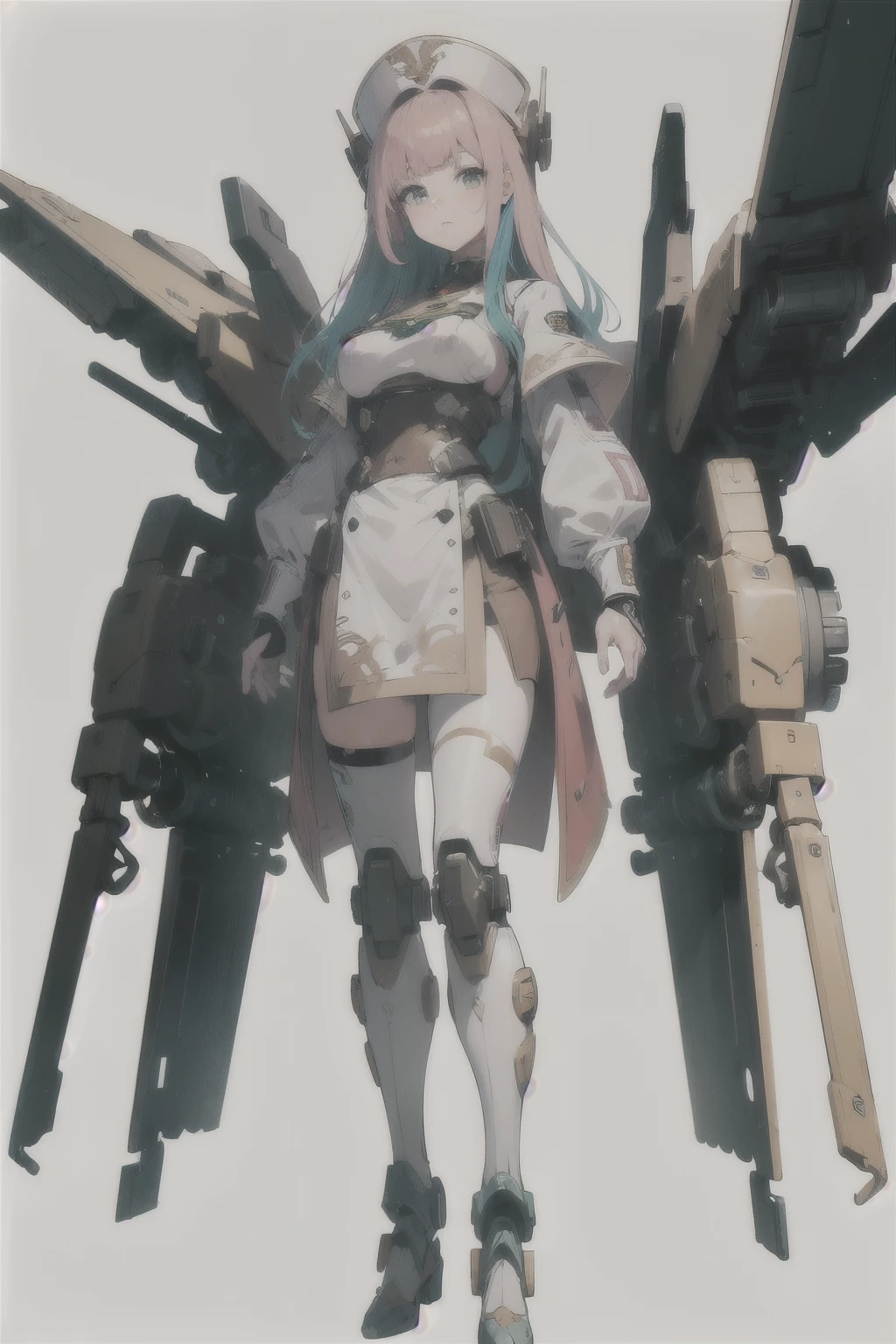 masterpiece,best quality,super detail,8K,textured skin, 1 (22 years old Spanish woman), medium breast, normal waist, dark golden blonde hair, (green detailed eyes), beautiful face, solo, white background, multicolored hair, simple background, bangs, standing, blue hair, looking at viewer, (mecha musume) ,long hair, two-tone hair, pink headwear, (robot, full body), blunt bangs,