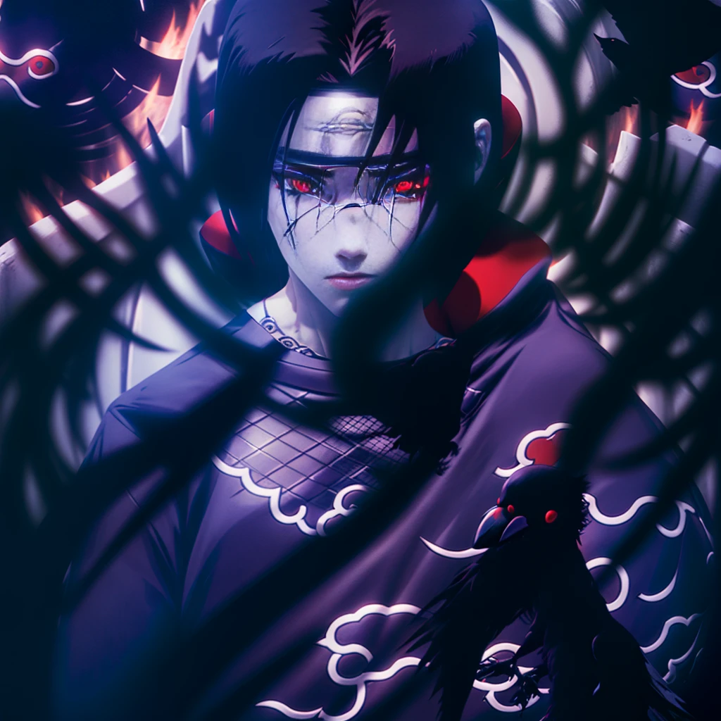 Itachi Uchiha, darkness envelops him, flaming Sharingan eyes, a raven by his side, hidden powers awaken, black flames consuming everything, an 8k vision revealing all the dark details.