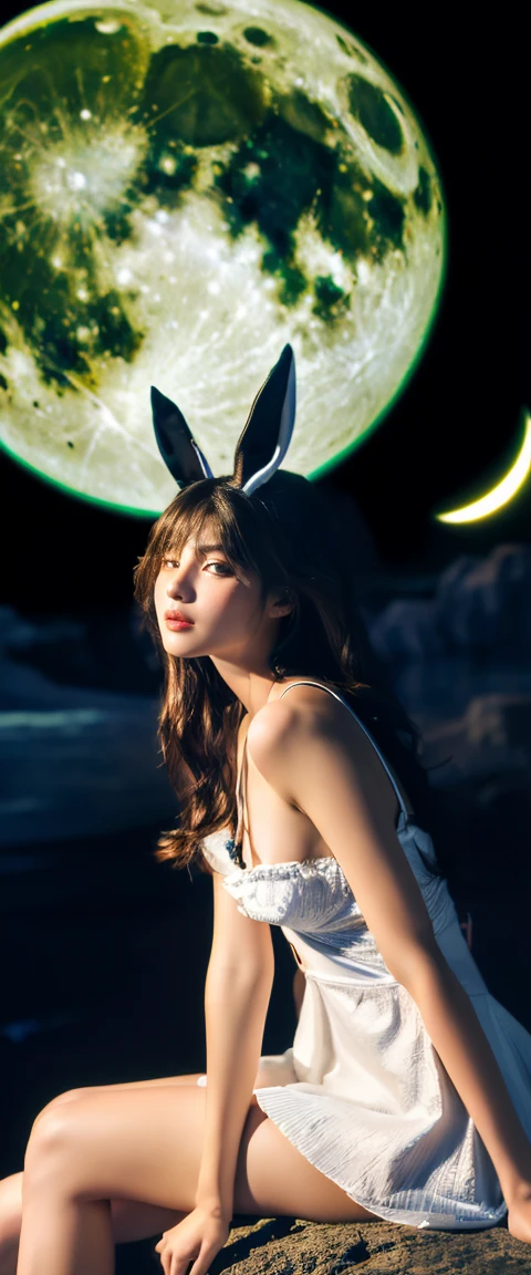 ((masterpiece, highest quality, Highest image quality, High resolution, photorealistic, Raw photo, 8K)), ((Extremely detailed CG unified 8k wallpaper)), Floating, Side view of a woman sitting on a giant crescent moon in the night sky, bunny girl costume