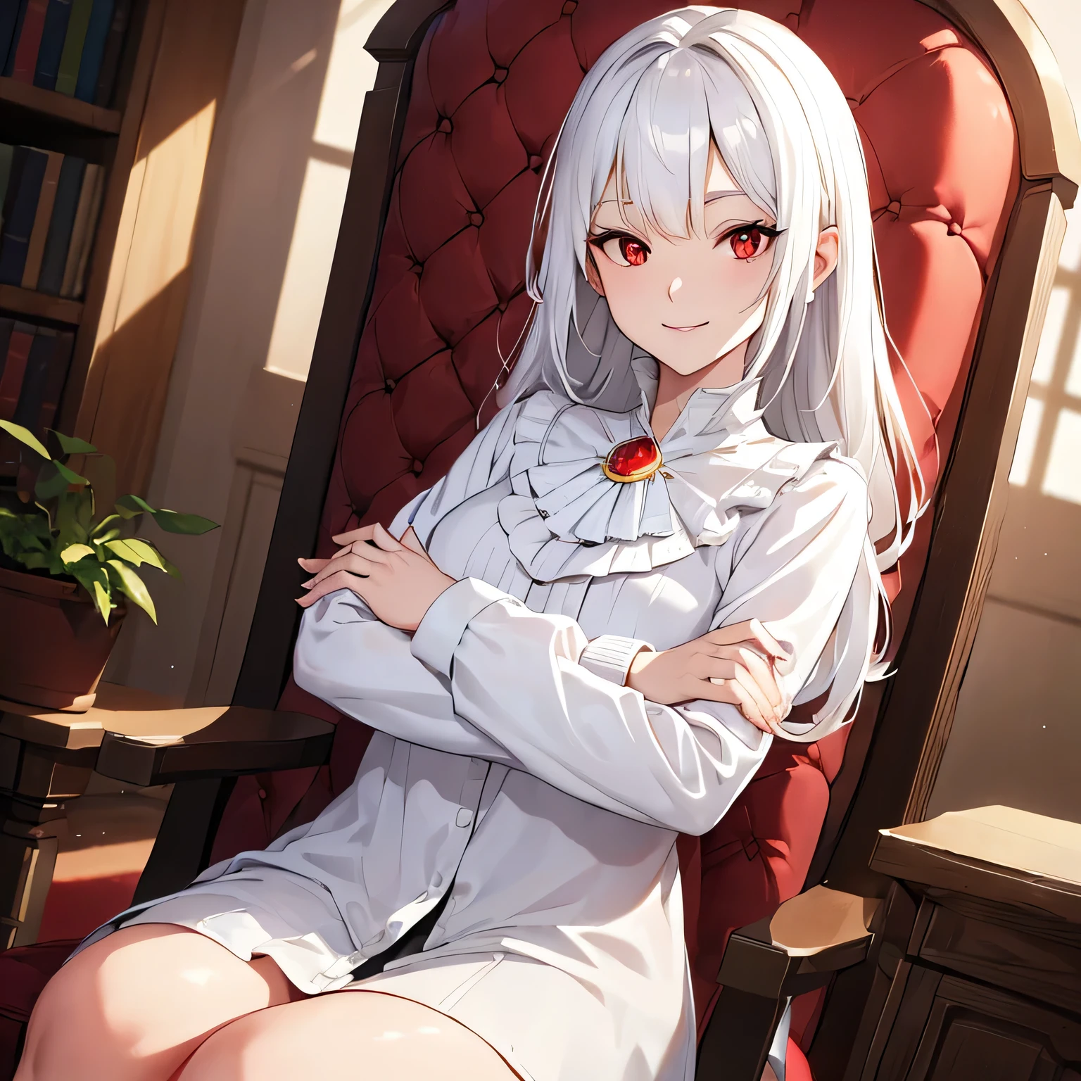 (red eyes:1.5), white hair, (flat chest:1.2), BREAK (white blouse:1.7), cardigan (brown cardigan:1.2), collar, long sleeves, wavy hair shoulder lenght, skirt, medieval princess BREAK looking at viewer, (sitting:1.5), throne, from below, smile, smiling, chair, crossed arms, BREAK indoors, BREAK (masterpiece:1.2), best quality, high resolution, unity 8k wallpaper, (illustration:0.8), (beautiful detailed eyes:1.6), extremely detailed face, perfect lighting, extremely detailed CG, (perfect hands, perfect anatomy),