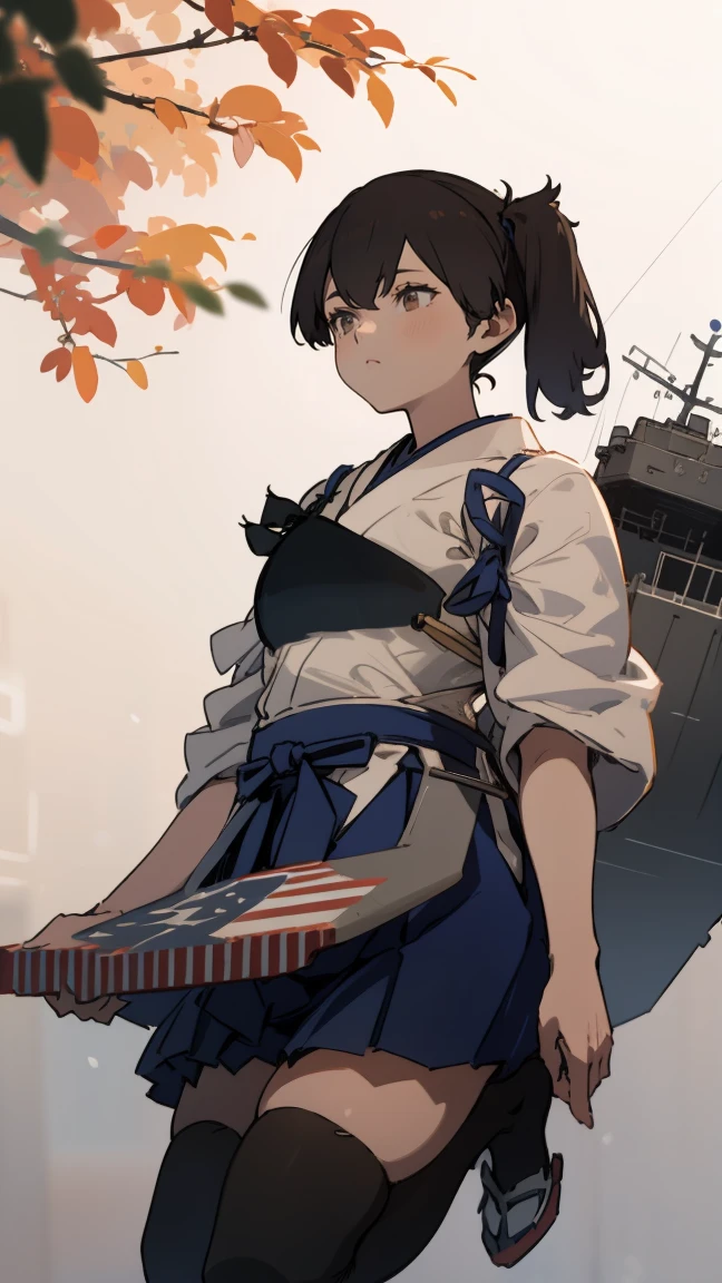(masterpiece, highest quality) detailed, kaga (kancolle), {{kaga kai ni (kancolle)}}, side ponytail, brown eyes, black long hair, black thighhighs, short skirt, hakama skirt, japanese clothes, , blue hakama, hakama, muneate, tasuki, whole body,Chinese element pattern，thigh，Japanese bow, bow, nsfw