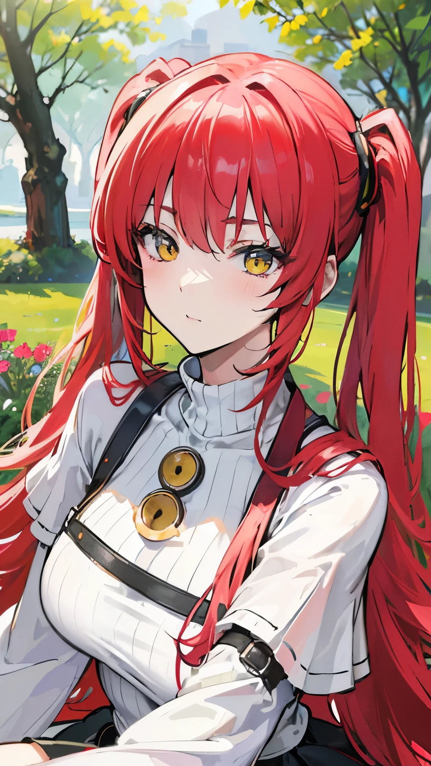 (best quality,4k,8k,highres,masterpiece:1.2),ultra-detailed,(realistic,photorealistic,photo-realistic:1.37),red haired girl,long hair, twintail,yellow eyes,platted skirt,knit top,portraits,soft lighting,vibrant colors,beautiful garden,green grass,blooming flowers,sunlight filtering through the trees,carefree expression,peaceful atmosphere anime girl.