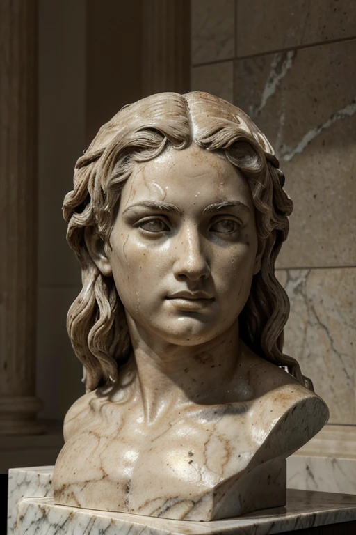roman statue, greek statue, marble statue, female statue, hyper detail, angry look, face sideways, seen from below, white background, 8k