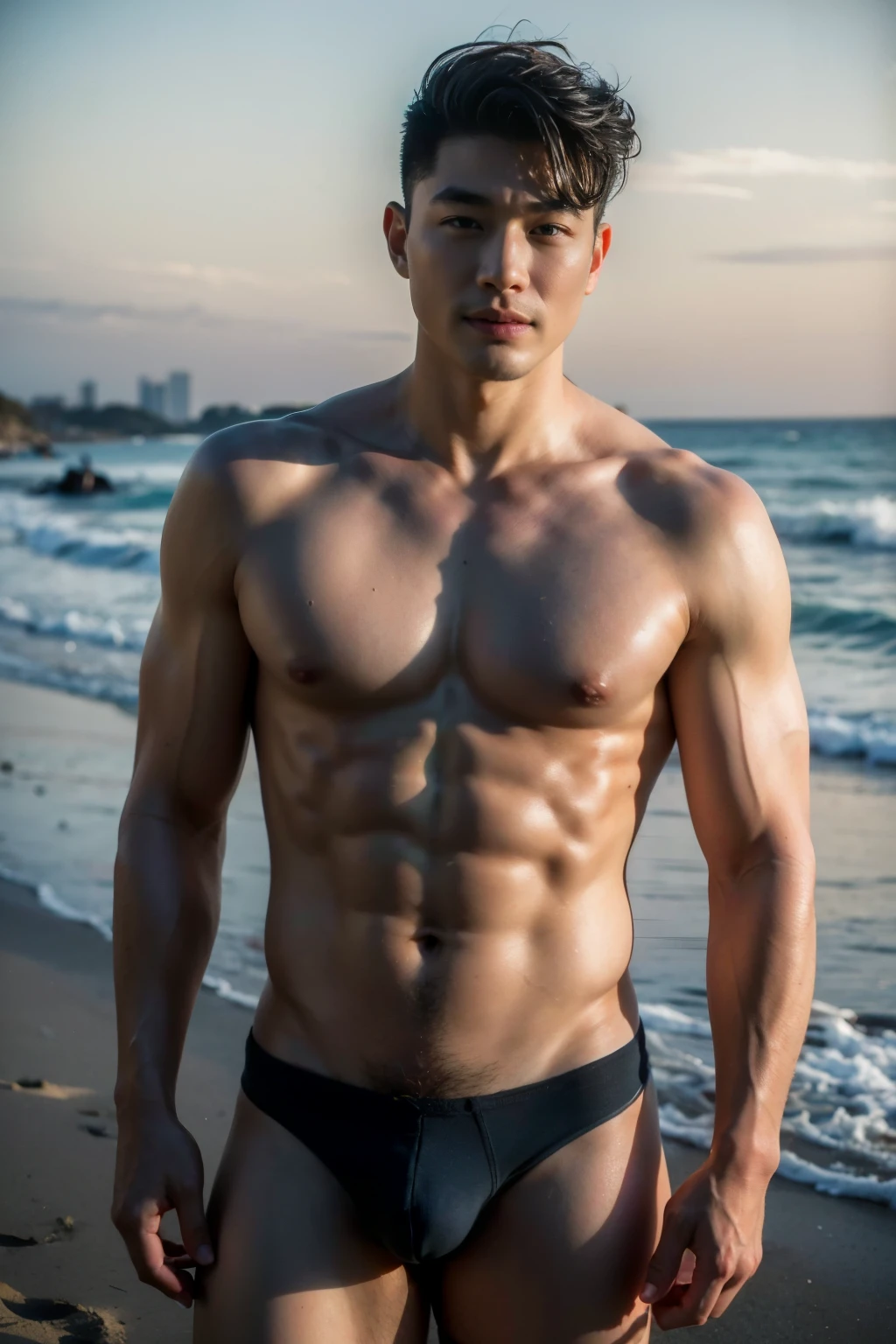 Realistic photography, 8k , handsome young muscular chinese man, wearing no shirt , wearing only black thong, huge bulge, beach