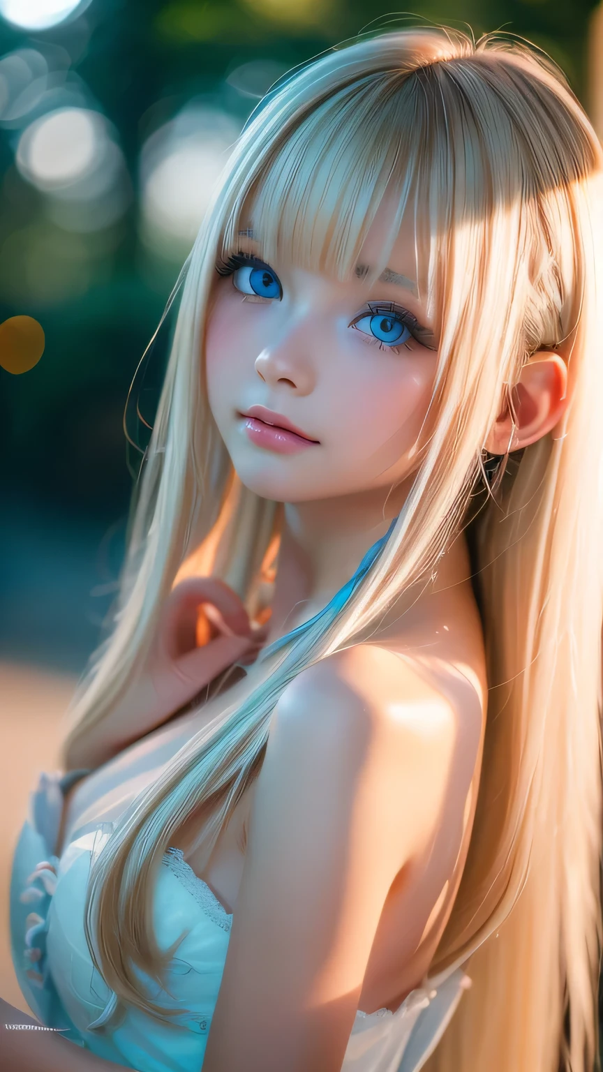 night, Raw photo, (((Very beautiful portrait))), (Glowing Skin)), 1 girl,  beautiful girl from Prague, (((Natural platinum blonde hair)), [Bright Blue Eyes], Super long hair, eyeliner, Fluttering Hair, bangs over eyes、Vibrant, ((masterpiece, 最high quality, Ultra Detail, Cinematic Light, Intricate details, High resolution, 8K, Very detailed)), Detail Background, 8K uhd, Digital single-lens reflex camera, Soft lighting, high quality, Film Grain, Fujifilm XT3, Shallow depth of field, Natural light, (Perfect hands), Perfect Face, View from afar、Small Face Beauty、