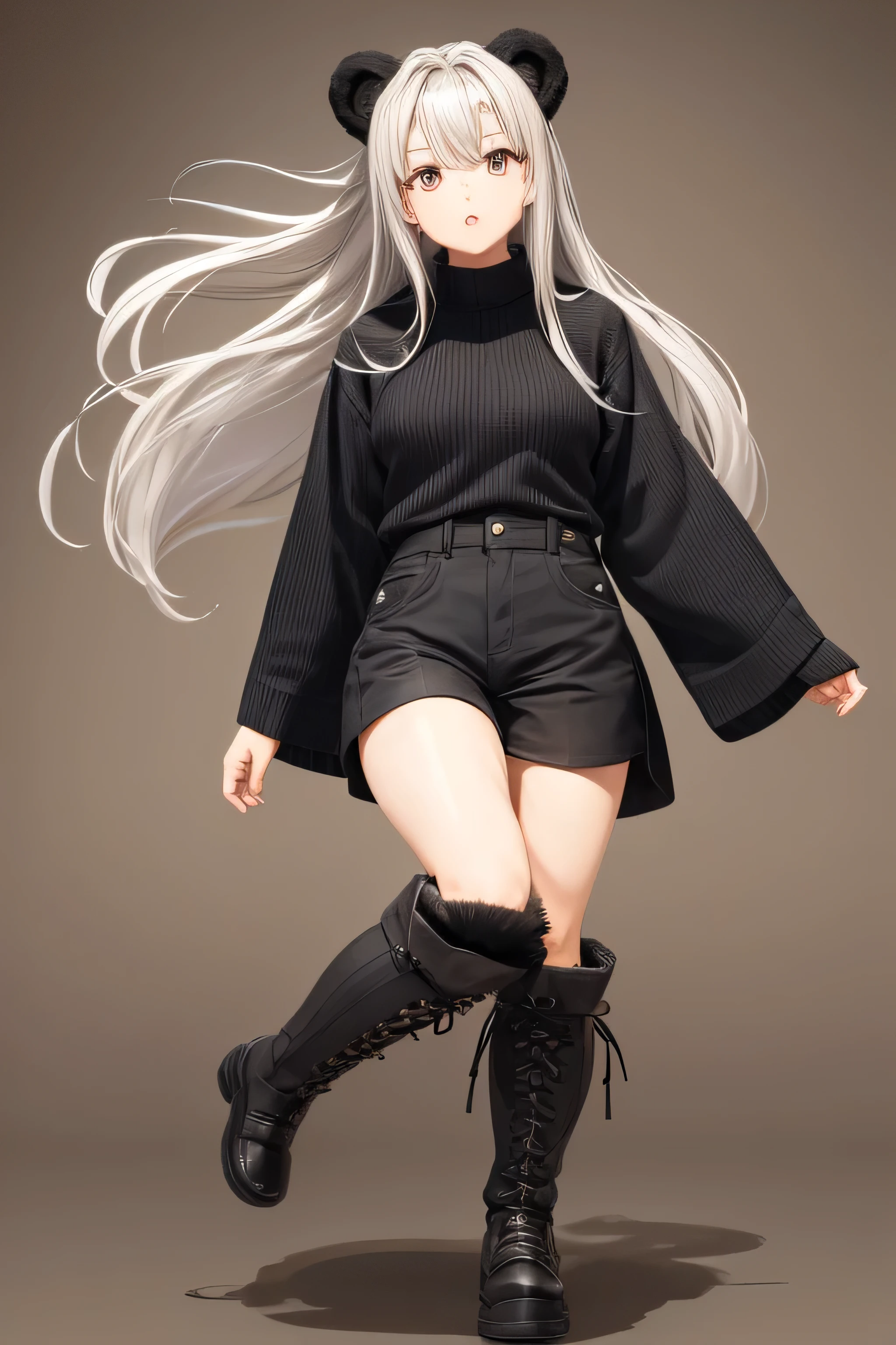 A wild grizzly bear and a 20-year-old Japanese woman、Crisp eyebrows、pale gray hair、Semi-long hair、Long sleeve knitted clothes(White stripes)、hot pants(black)、Knee-length boots with laces(black)、whole body、Stand with your feet apart、Laugh fearlessly、Hanging eyes、