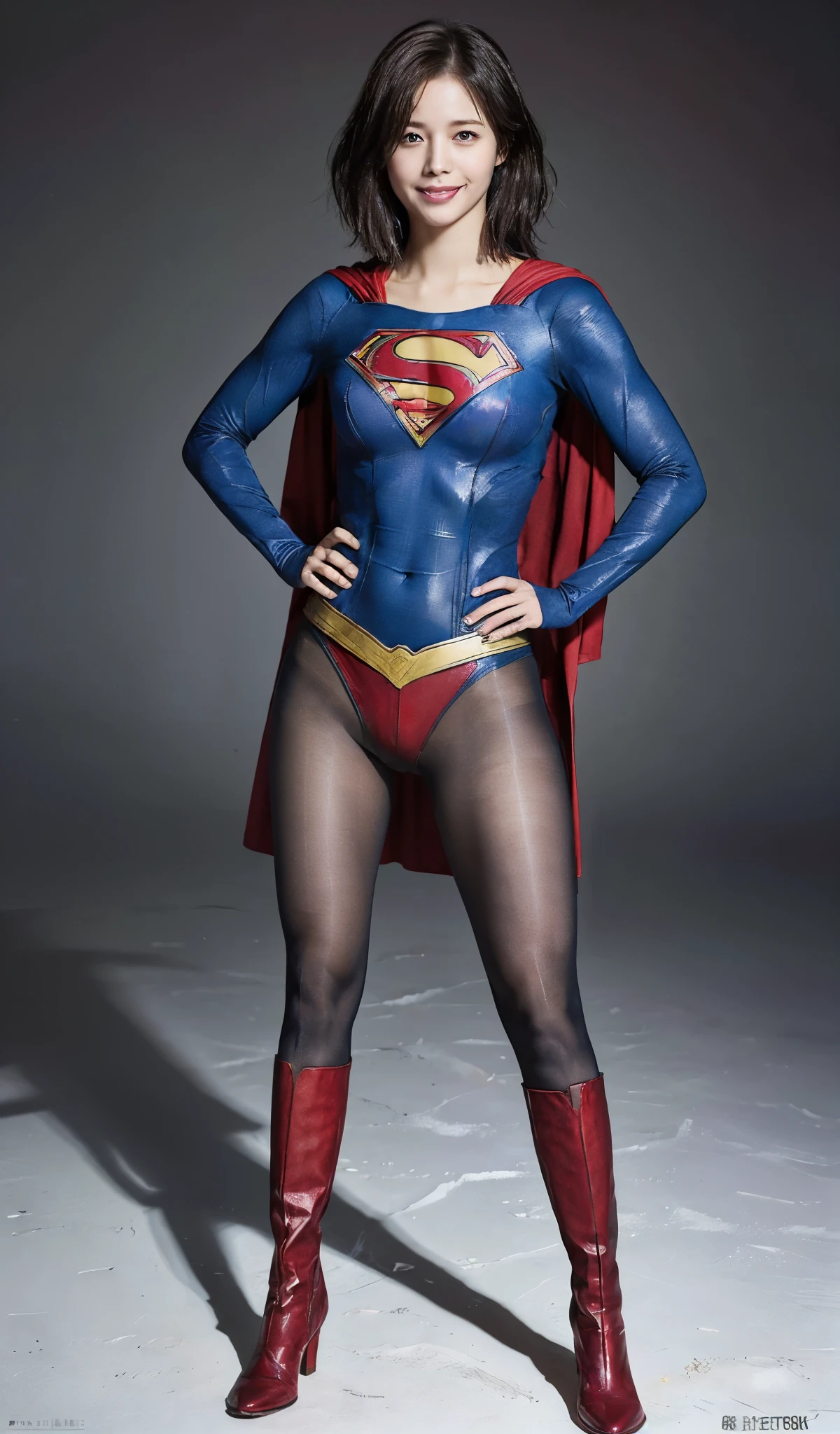No background、(((Beautiful legs in black tights.)))、(((Legally express the beauty of your smile)))、((((Make the most of your original images)))、(((Supergirl Costume)))、(((Beautiful short bob hair)))、(((suffering)))、(((Please wear black tights....、Wear red boots)))、((Best image quality、8k))、((highest quality、8k、masterpiece:1.3))、(((Preserve background )))、Sharp focus:1.2、Beautiful woman with perfect figure:1.4、Slim Abs:1.2、Wet body:1.5、Highly detailed face and skin texture、8k