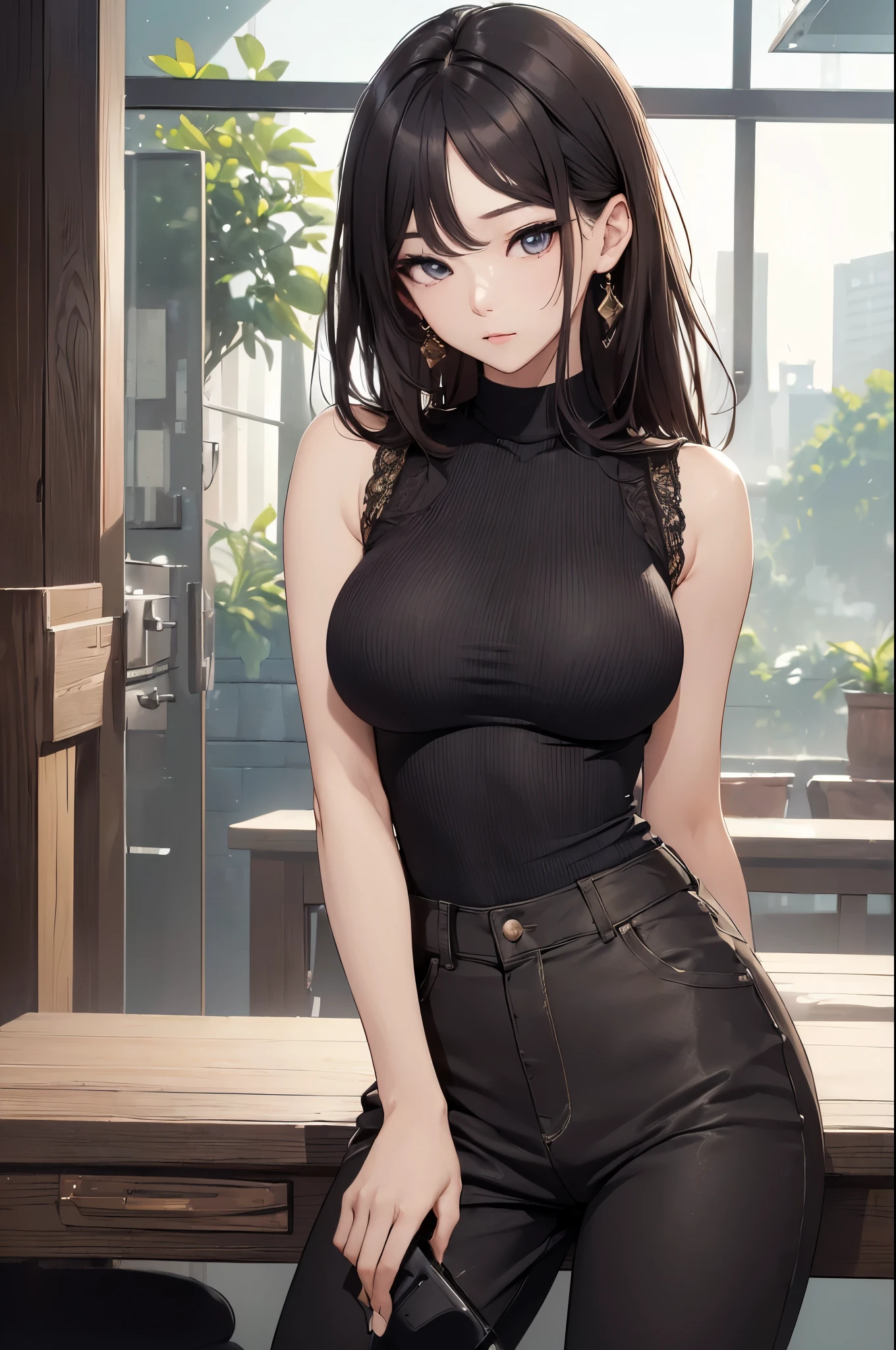 (((masterpiece))),(((High resolution)))、(((8K quality)))、(((perfect face)))、(((Korean idol))), ((sleeveless)), (pants), look at the camera, ((top quality eyes)), detailed face, (detailed texture), look at the camera, big tits