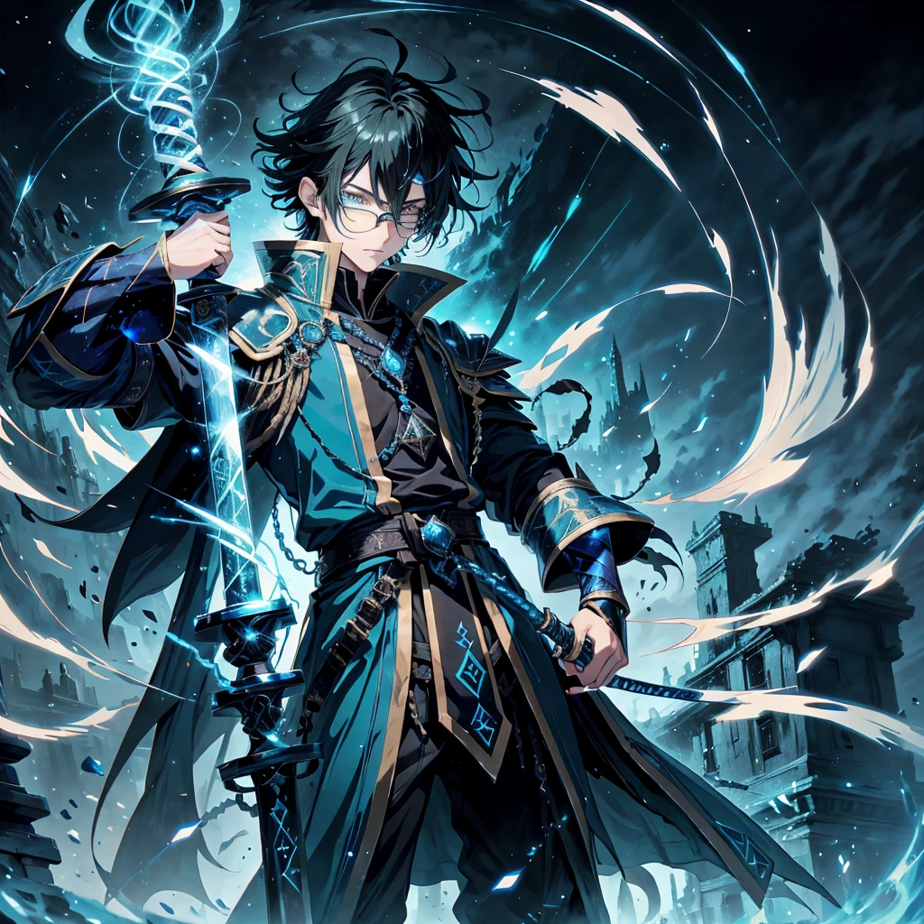 An anime boy with wizard-like features, wearing a robe of shimmering blue and white hues, stands tall and proud as a level upper. His piercing, sparkling green eyes convey a sense of intelligence and determination. His tousled, jet-black hair frames his exquisitely detailed, three-dimensional facial features and perfect, angular face. In one hand, he holds a European-style wand, its tip glowing with arcane energy; in the other, a Sheathed sword, the symbol of a skilled mercenary. His costume reveals the toned muscles of his upper body, hinting at his mastery of various techniques. With a confident, invincible presence, he embodies
