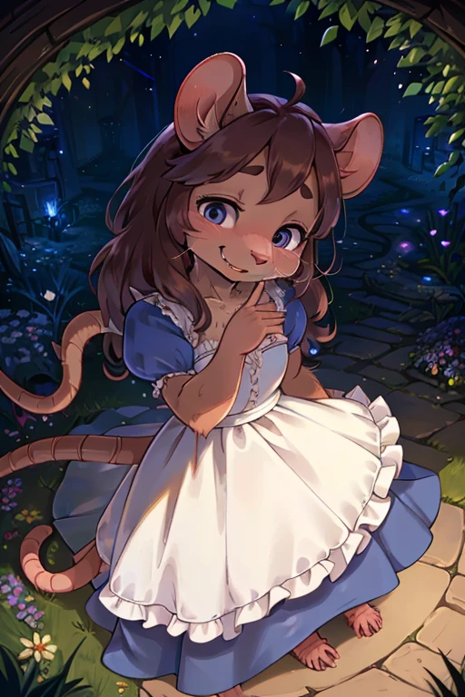 hairy rat mom , (realistic hairy rat fur:1.5) , round face , (tilt face:1.2) , (half-open eyes:1.5) , moist round eyes , Swollen cheeks , Seduction smile , glossy lips , Curly hair , princess dress , Alice in Wonderland , twilight , Adorable gestures , dynamic angle , nag factor , Gently guide , labyrinth , look of pain