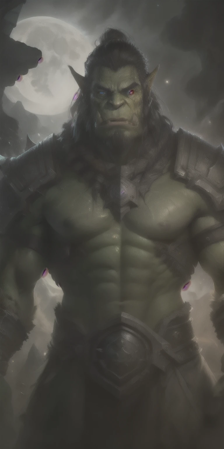 Hulk,world of warcraft,thrall,growling,(glowing eyes),tusks,(((full_shot))),(facial lighting:1.2),looking at the camera,dramatic lighting,(sweaty chest),(8k,best quality, masterpiece:1.2),(glow:0.5),armor,space,moon,green skin,cloth,blue eyes,open mouth,planet,depth of field,smoke in background,