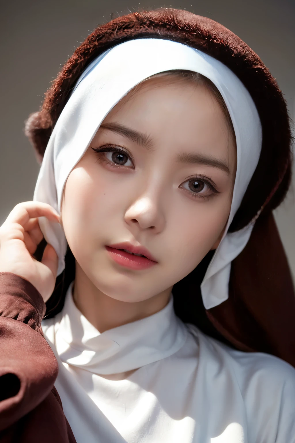 (1.girl, alone), 8k, ((masterpiece),(((highest quality))),((Very detailed)),((((reality)))), reality:1.37, (Ultra-realistic), (High resolution), (Very detailed), (Very detailed fine wallpaper), (detailed aspects), (Beautiful expression), ((Details highest quality skins:1.2)), ((Reddish cheeks)), (Very detailed background, Detailed Background), Perfectly accurate anatomical shape, All hands and feet, Full Finger, 1. Beautiful Women,Mole under the eye, Nun, Hollow Sanctuary, Deep silence, The Sage Emerges, Calm face, Wrapped around the monk&#39;s head&#39;Robe, Closed eyelids and beautiful delicate eyelashes, Honorable hand, A worn-out habit, Anklet on hand, Humble attitude, Mental concentration, Mortar Board, A gentle gaze, hand, creaking wooden chair, Ancient parchment, Monastery Cell, Faded murals, Quiet atmosphere, Exquisitely embroidered robe, Sacred Symbols, Devout Faith., Full Body Shot, Fully clothed, Nun kneeling on the floor praying,  (((In the high and deep corridor, A monastery with stained glass, 15-year-old girl)))