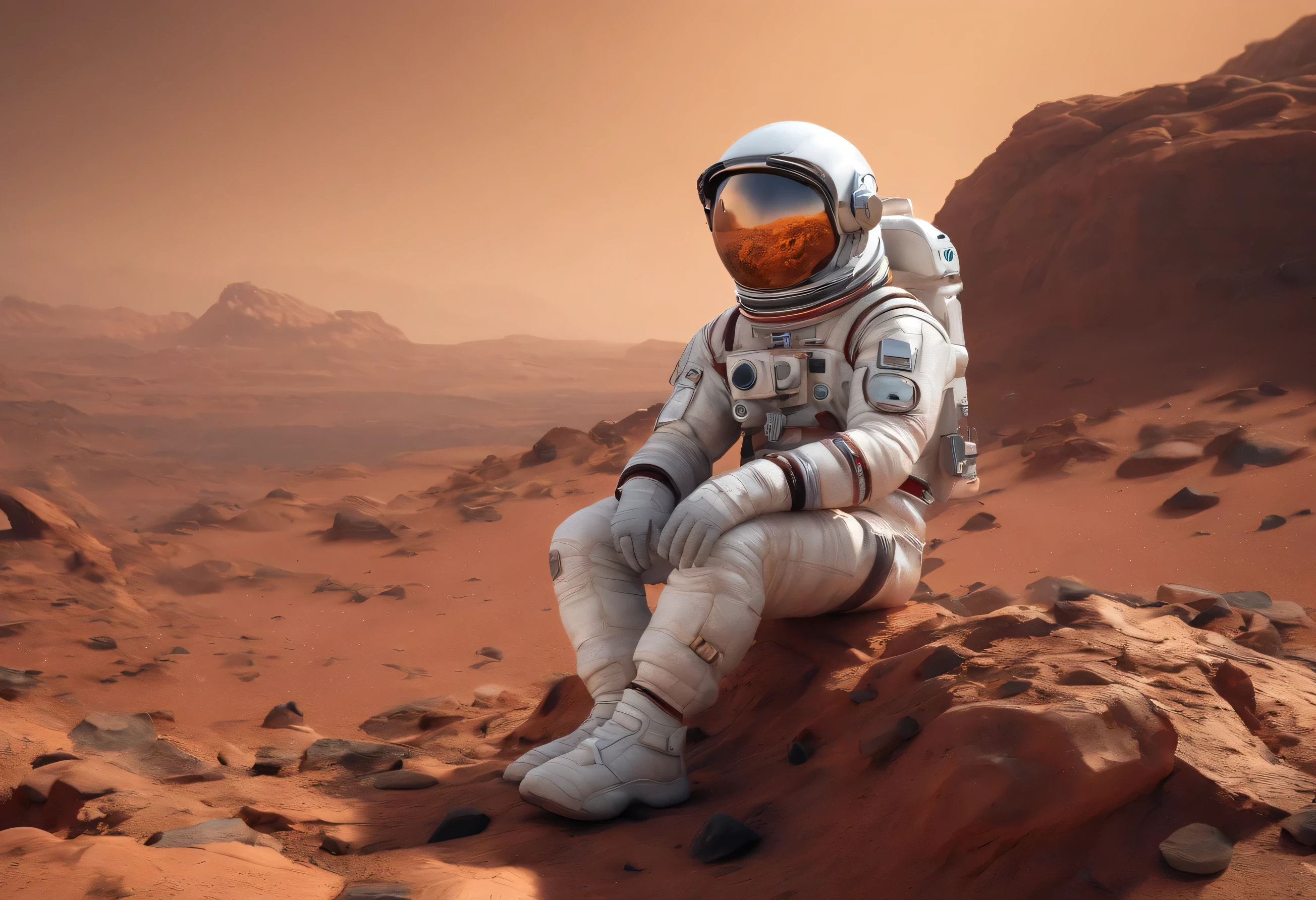 an astronaut sitting on a rock on mars, 4k image, high quality, surrealism, planet Mars, various rocks, red soil.