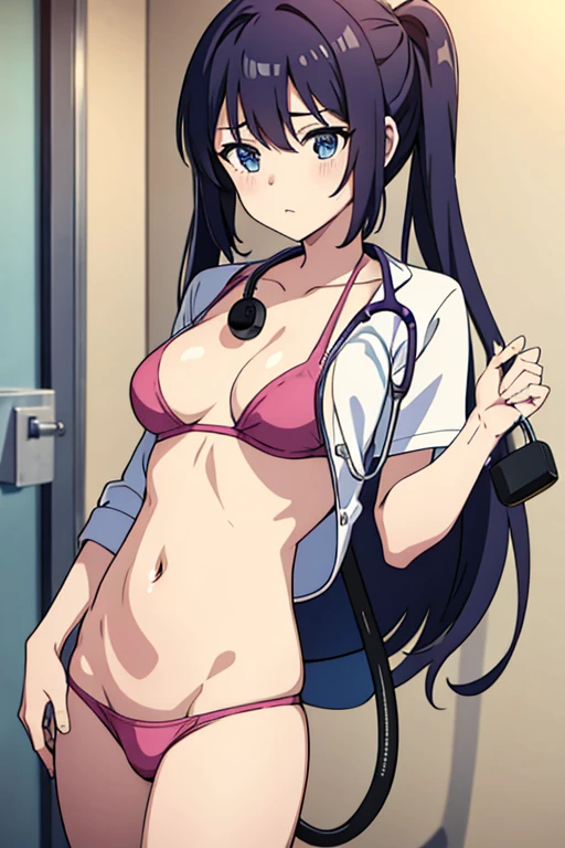 anime girl listening to her stomach using a stethoscope