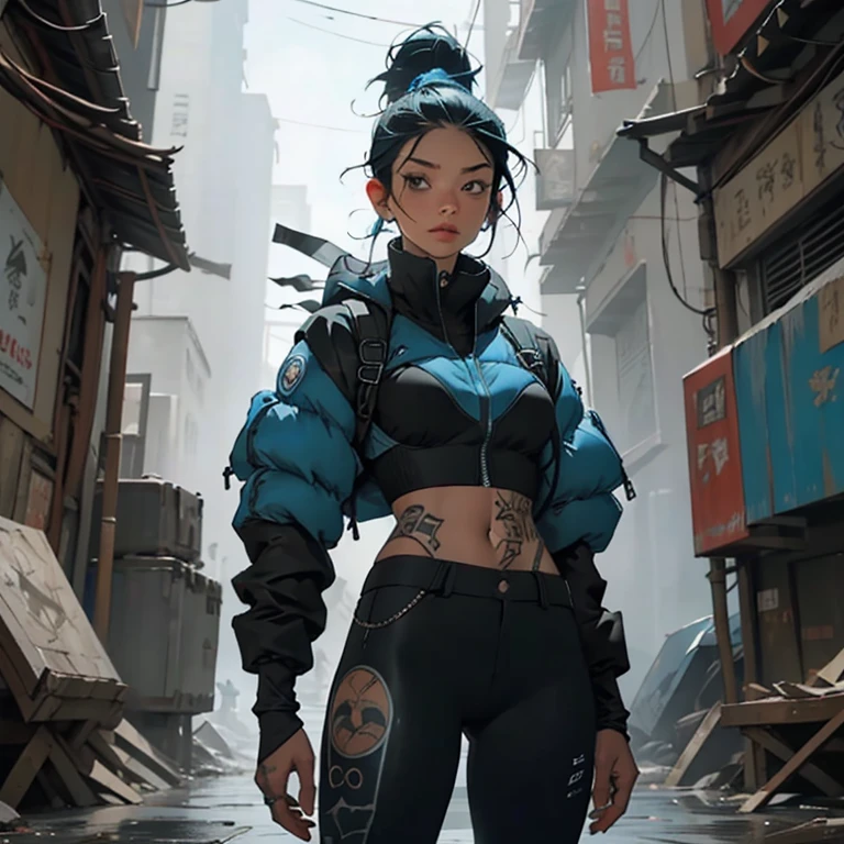 Blue: 1.5, black: 1.1, cinza: 1.3, margenta: 1.3, (garota rapper com cabelo red), post-apocalyptic world, tatuagens, (roupas puffer do poder: 1.2), Giant machines, mistborn, linhas, Parts, action pose, raio neo green