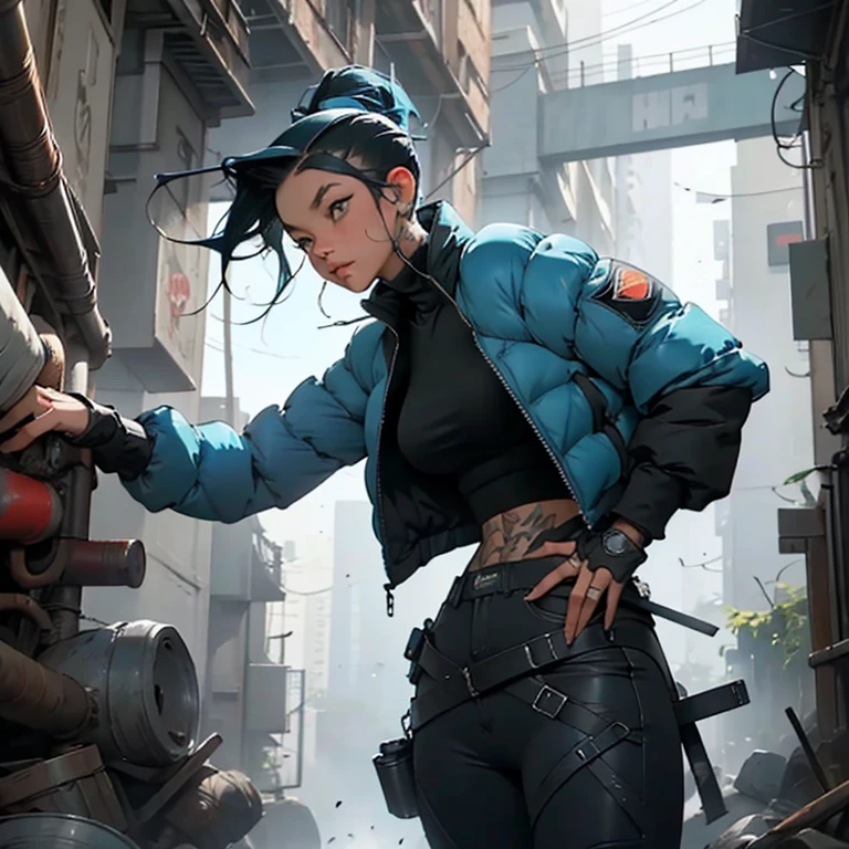 Blue: 1.5, black: 1.1, cinza: 1.3, margenta: 1.3, (garota rapper com cabelo red), post-apocalyptic world, tatuagens, (roupas puffer do poder: 1.2), Giant machines, mistborn, linhas, Parts, action pose, raio neo green