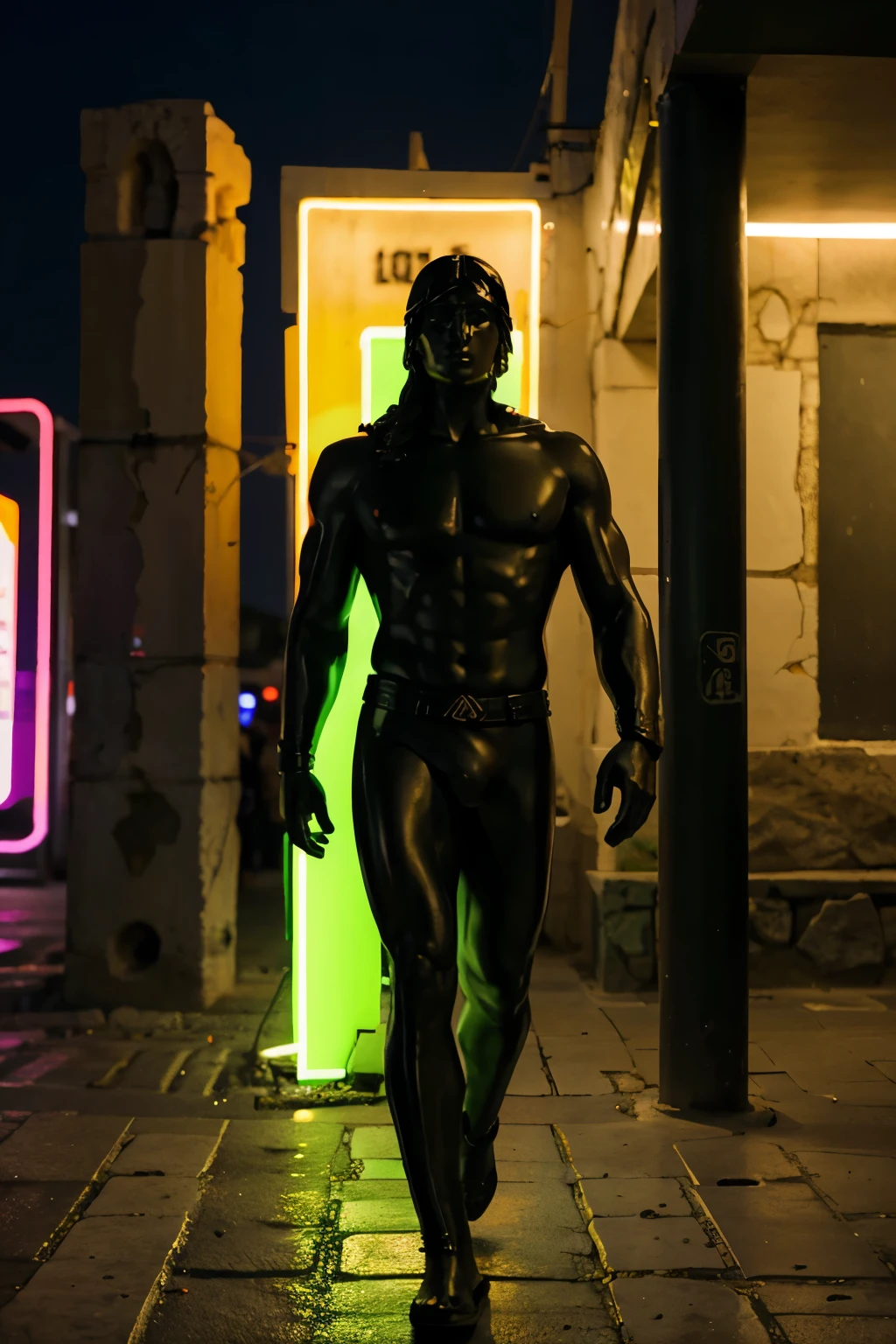 Greek hero statue, pose walking neon landscape