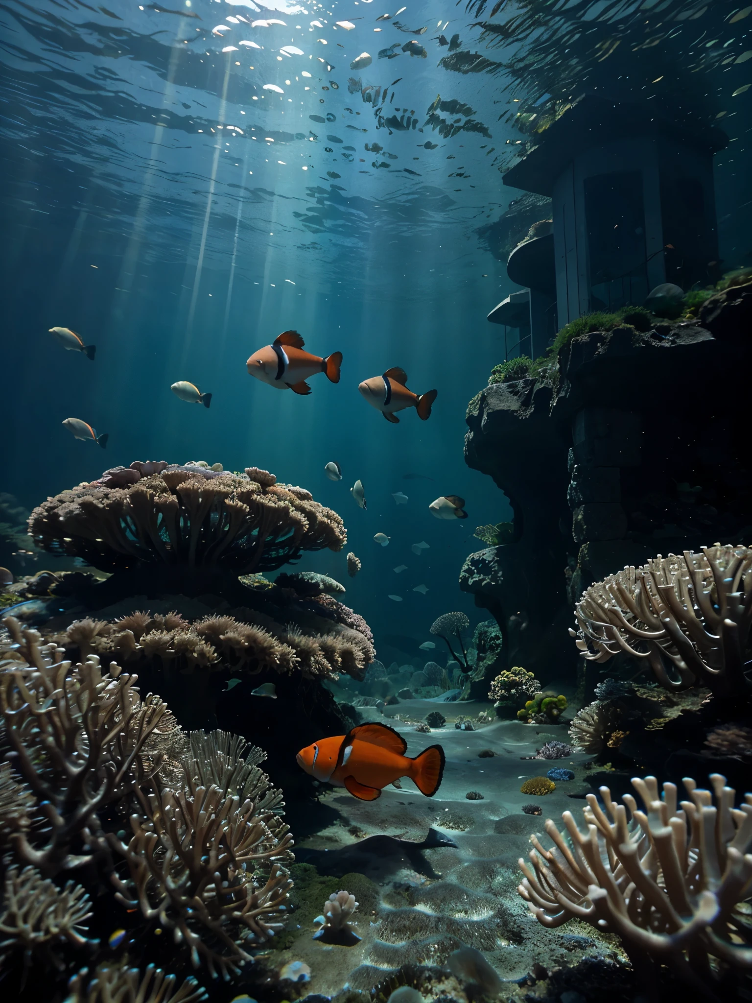Underwater scenery with clownfish, jellyfish, schools of small fishes but leave space in the middle
