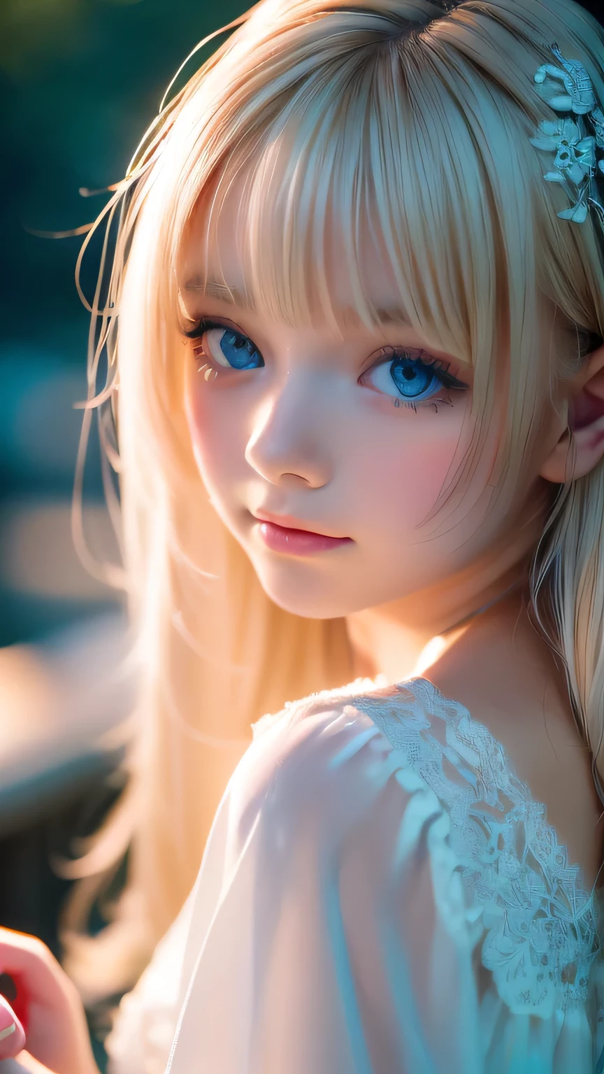 night, Raw photo, (((Very beautiful portrait))), (Glowing Skin)), 1 girl, 16 year old beautiful girl from Prague, (((Natural platinum blonde hair)), [Bright Blue Eyes], Super long hair, eyeliner, Fluttering Hair, bangs over eyes、Vibrant, ((masterpiece, 最high quality, Ultra Detail, Cinematic Light, Intricate details, High resolution, 8K, Very detailed)), Detail Background, 8K uhd, Digital single-lens reflex camera, Soft lighting, high quality, Film Grain, Fujifilm XT3, Shallow depth of field, Natural light, (Perfect hands), Perfect Face, View from afar、Small Face Beauty、