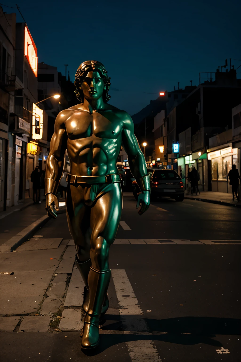 Greek hero statue, pose walking neon landscape