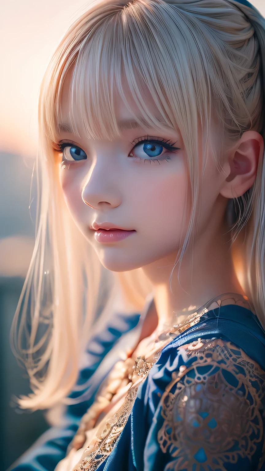 night, Raw photo, (((Very beautiful portrait))), (Glowing Skin)), 1 girl,  beautiful girl from Prague, (((Natural platinum blonde hair)), [Bright Blue Eyes], Super long hair, eyeliner, Fluttering Hair, bangs over eyes、Vibrant, ((masterpiece, 最high quality, Ultra Detail, Cinematic Light, Intricate details, High resolution, 8K, Very detailed)), Detail Background, 8K uhd, Digital single-lens reflex camera, Soft lighting, high quality, Film Grain, Fujifilm XT3, Shallow depth of field, Natural light, (Perfect hands), Perfect Face, View from afar、Small Face Beauty、