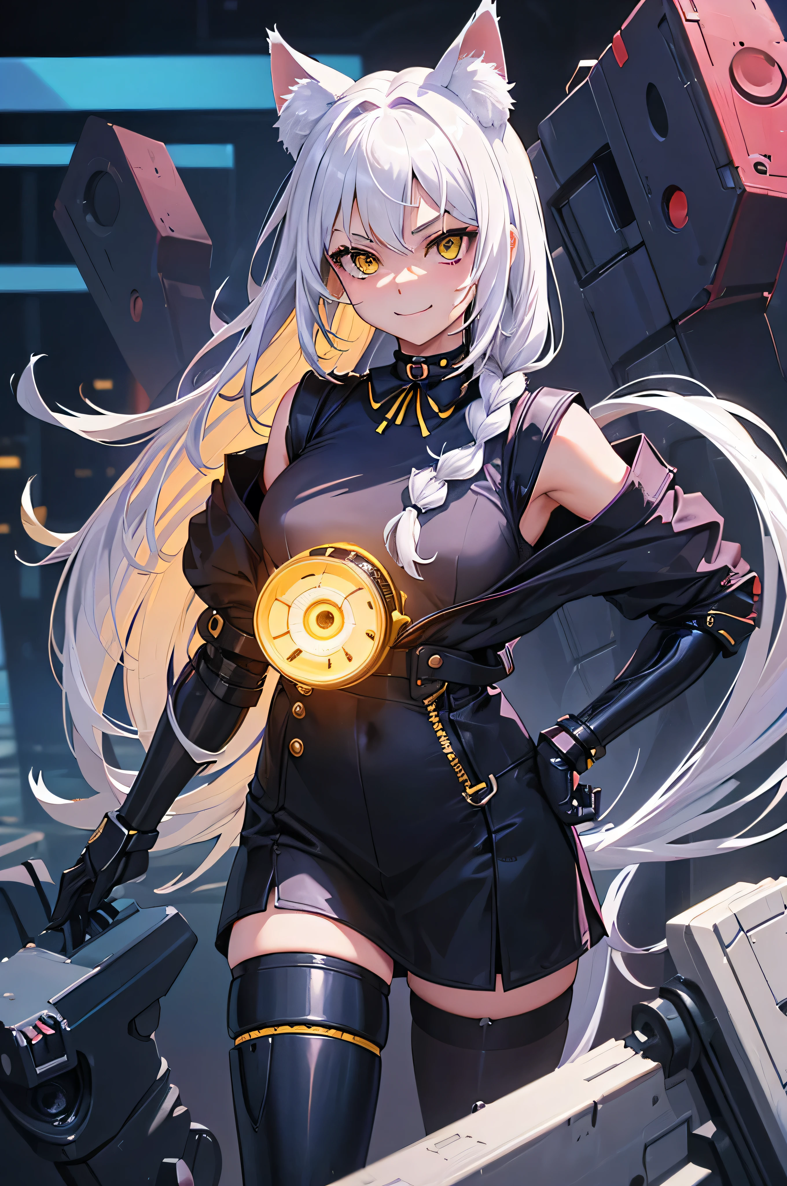 masterpiece, highest quality, Perfect Face, Highest Resolution, Highest quality,Detailed depiction of the eyes, foxy 1 girl, young, skinny body, White Hair, Long Hair,one side braid grated, Cat ear, Big cat eyes, Yellow Eyes, cyber punk, Have fun, smile, Embarrassing, navy blue mechanical arm guard, navy blue mechanical leg guard, Expose your shoulders, Exposing your thighs, cat tail, Black ribbon choker, small breasts, Perfect Anatomy