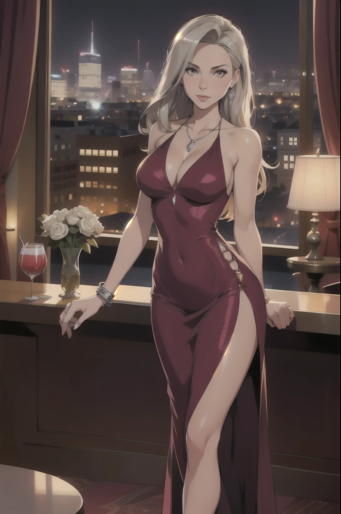 cute date night outfit, flirty and fun,  mature dirty blonde femme fatale, [Victoria Beckham],[[Kate Beckinsale]], cleavage, large breasts, cocktail dress, in a classy hotel lobby, standing in front of window, city skyline at night, burgundy silk dress, deep v, silver bangle, silver necklace, 30 years old
