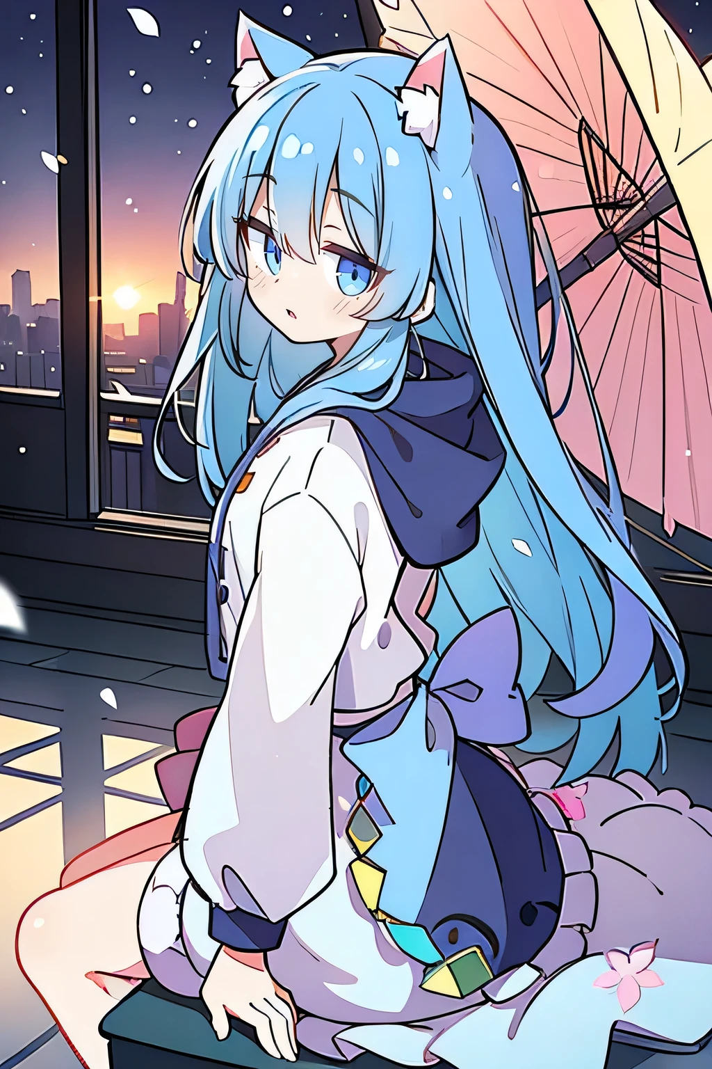 (masterpiece:1.2),Super detailed,lifelike,Expressive eyes,fair skin,perfect face shape,1 girl,
Japanese comics,Gorgeous blue hair,flowing blue hair,flowing clothes,Cat ears,Petals fall,beautiful lola,Baby Angel,
Shaking head with one hand,Cross your legs,Gentle and peaceful background,The pavilion is cool and comfortable,smile, wearing hoodie, background of tokyo,back views,snowing, winter.