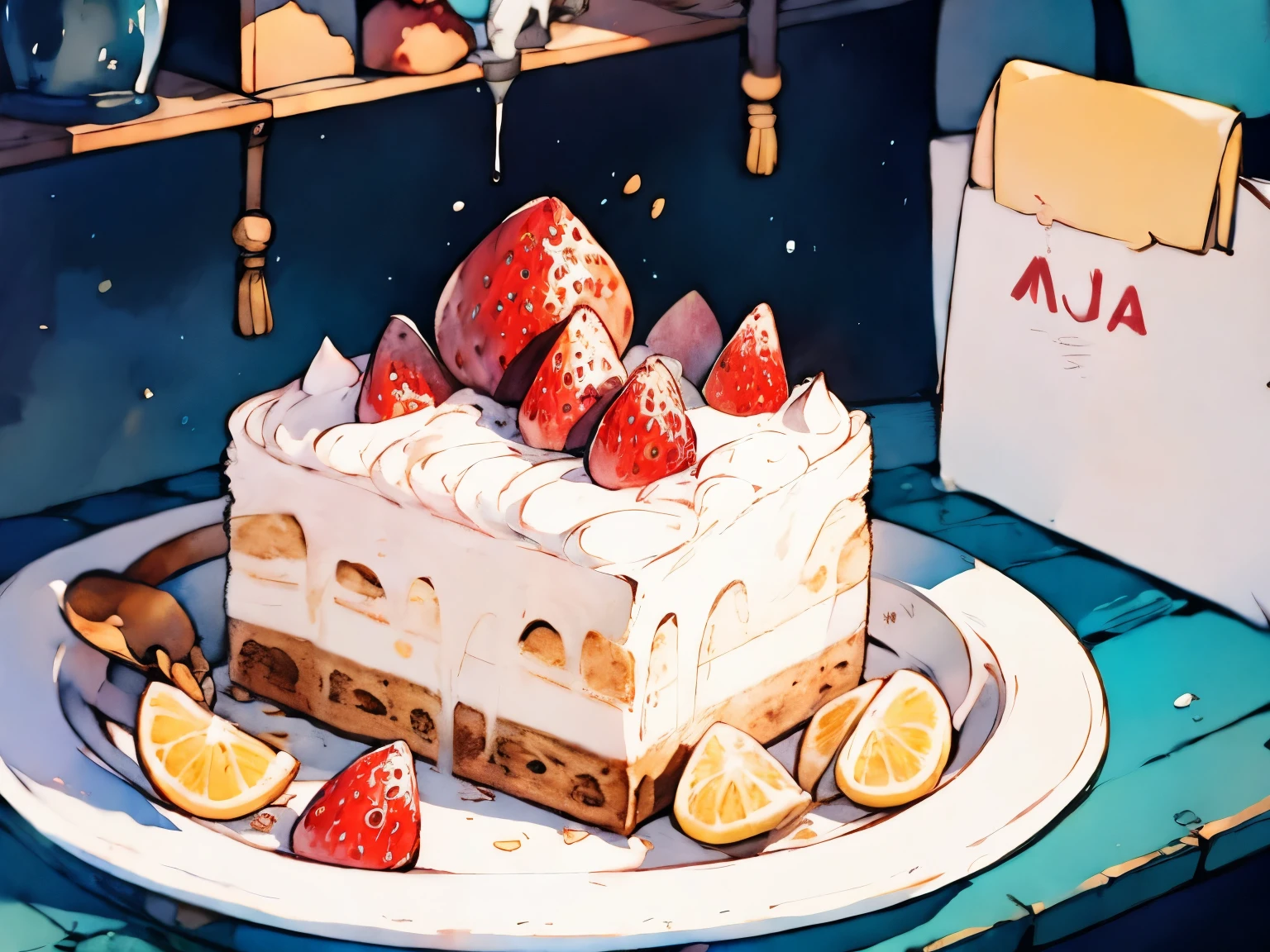 table、1 small snack，masterpiece、Movie-like lighting、Lovely cake、cream、Place strawberries and chocolate on top、Soft Light、No shadow