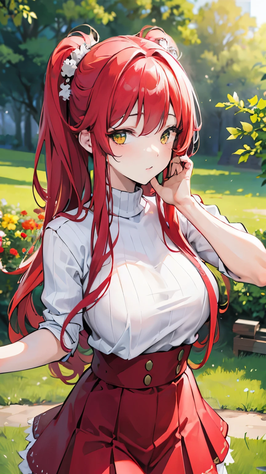 (best quality,4k,8k,highres,masterpiece:1.2),ultra-detailed,(realistic,photorealistic,photo-realistic:1.37),red haired girl,long hair, twintail,yellow eyes,platted skirt,knit top,portraits,soft lighting,vibrant colors,beautiful garden,green grass,blooming flowers,sunlight filtering through the trees,carefree expression,peaceful atmosphere anime girl.