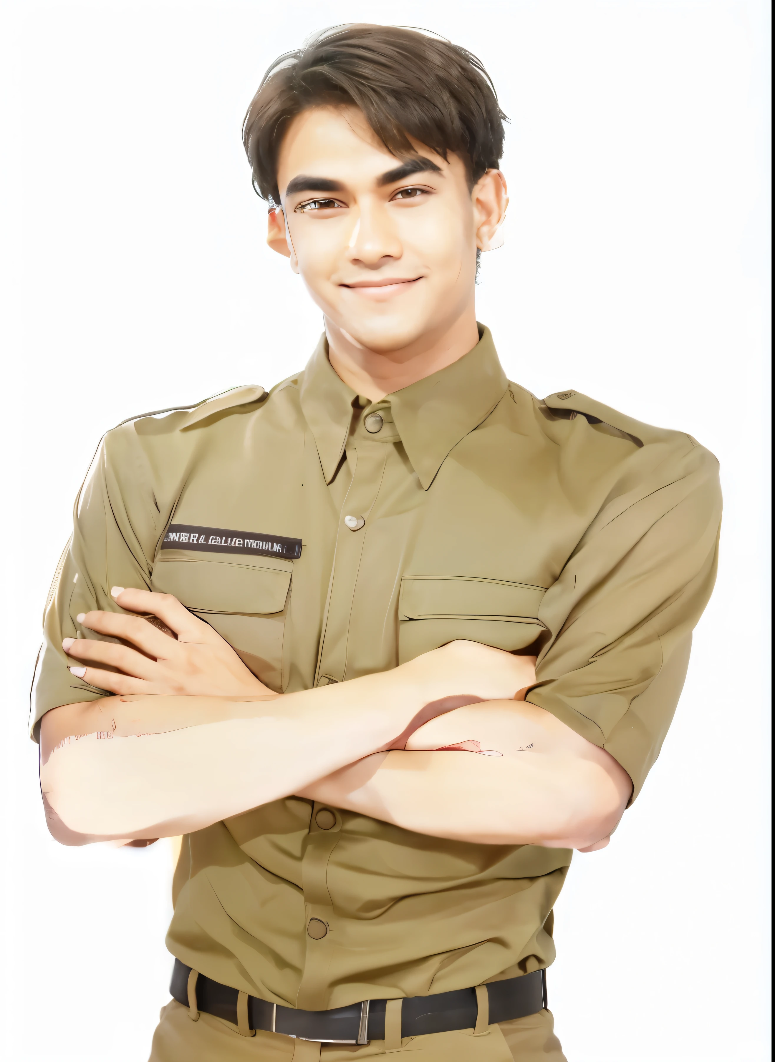 A man with short black hair, comma bangs, sharp brown eyes, thick eyebrows, high and well-built body, smiling, charismatic, wearing khaki safari uniform, crossing his arms
