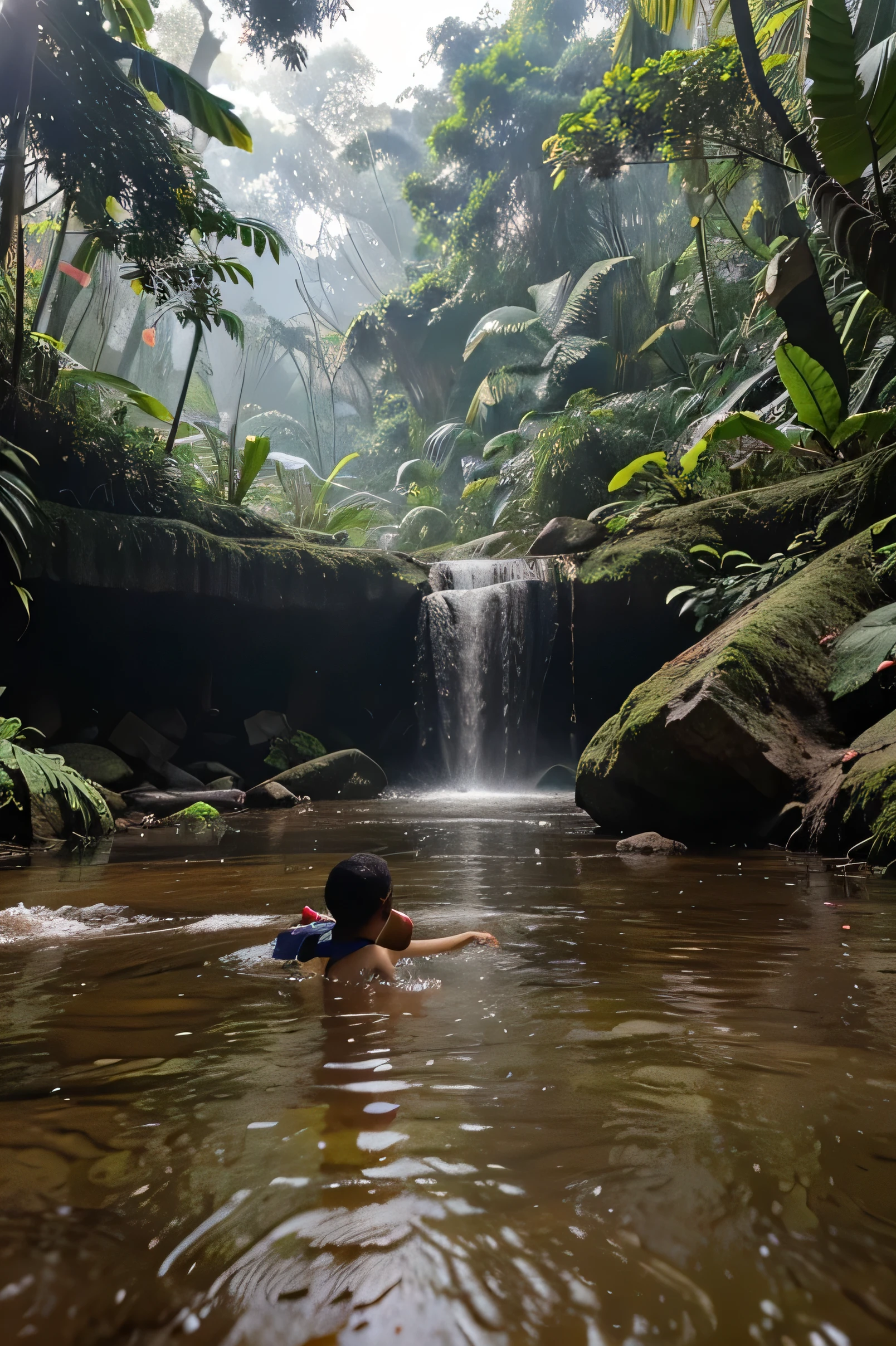 hutan hujan purba, sungi kecil mngalir dengan air terjun dan kabut, di siang hari berkabut, tanaman bunga purba merah didekat airterjun