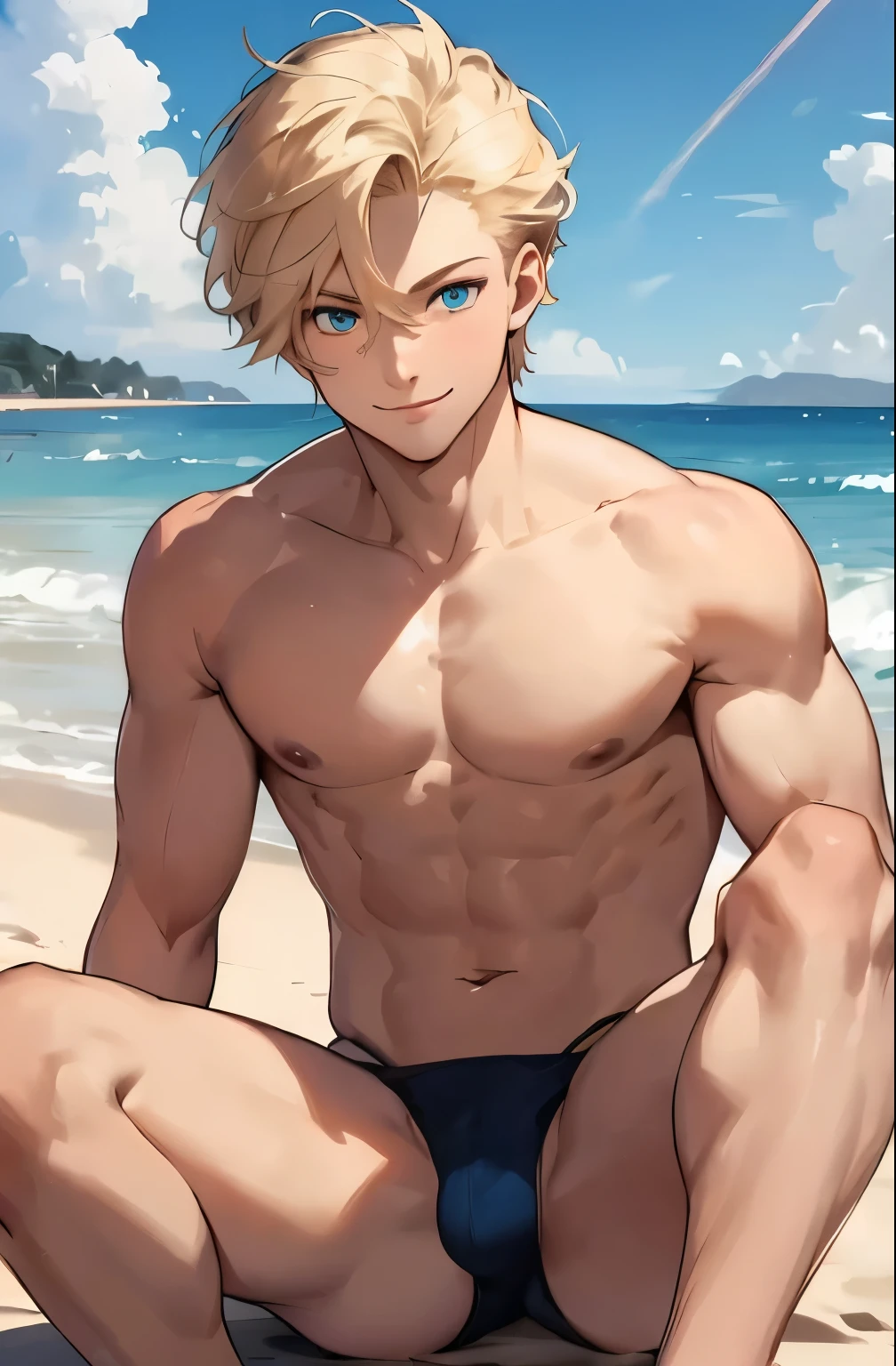 一名男子脱掉上衣坐On the beach, Tall anime man with blue eyes, Cool anime poses, male Anime Characters, Anime handsome man, Handsome guy in the art of slaying demons, Young anime man, on the beach, anime boy, On the beach, XQC, Blonde guy, Male anime style, Anime Characters, guys, Wearing a swimsuit