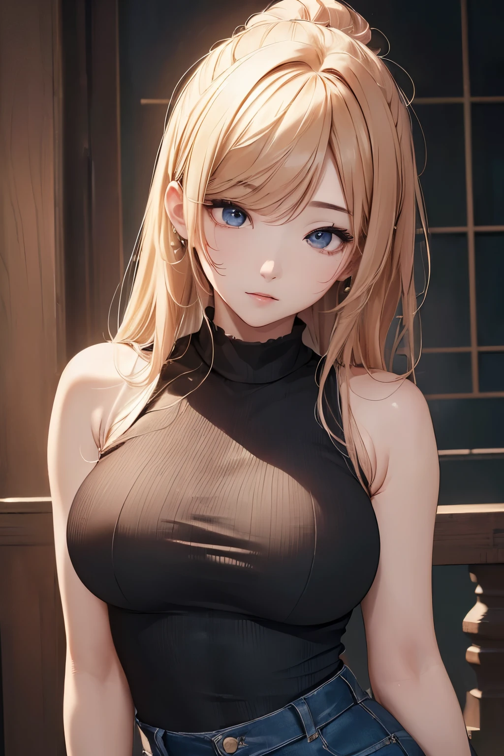 (((masterpiece))),(((High resolution)))、(((8K quality)))、(((perfect face)))、(((Korean idol))), ((sleeveless)), (pants), look at the camera, ((top quality eyes)), detailed face, (detailed texture), look at the camera, big tits
